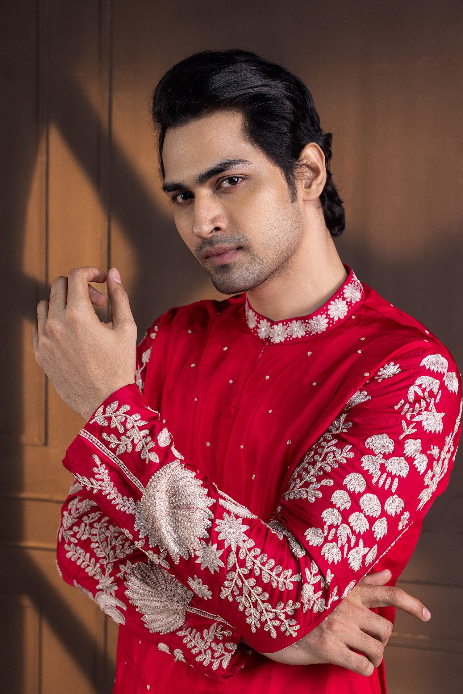 Crimson Palm Grove Embroidered Nehru and Kurta Set