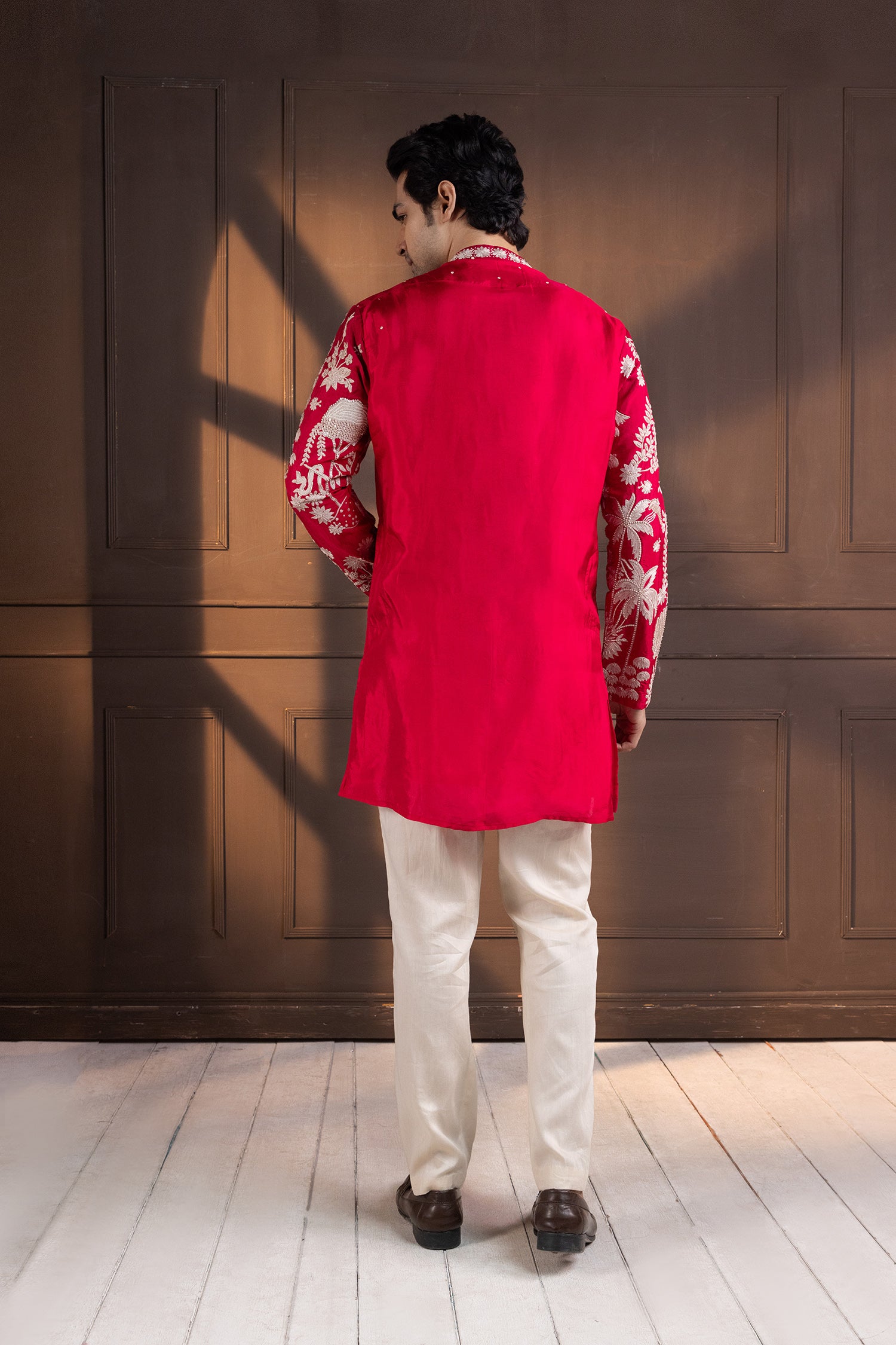 Crimson Palm Grove Embroidered Nehru and Kurta Set