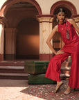 Haina Red Chanderi Top With Bell Button Pants