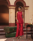 Haina Red Chanderi Top With Bell Button Pants
