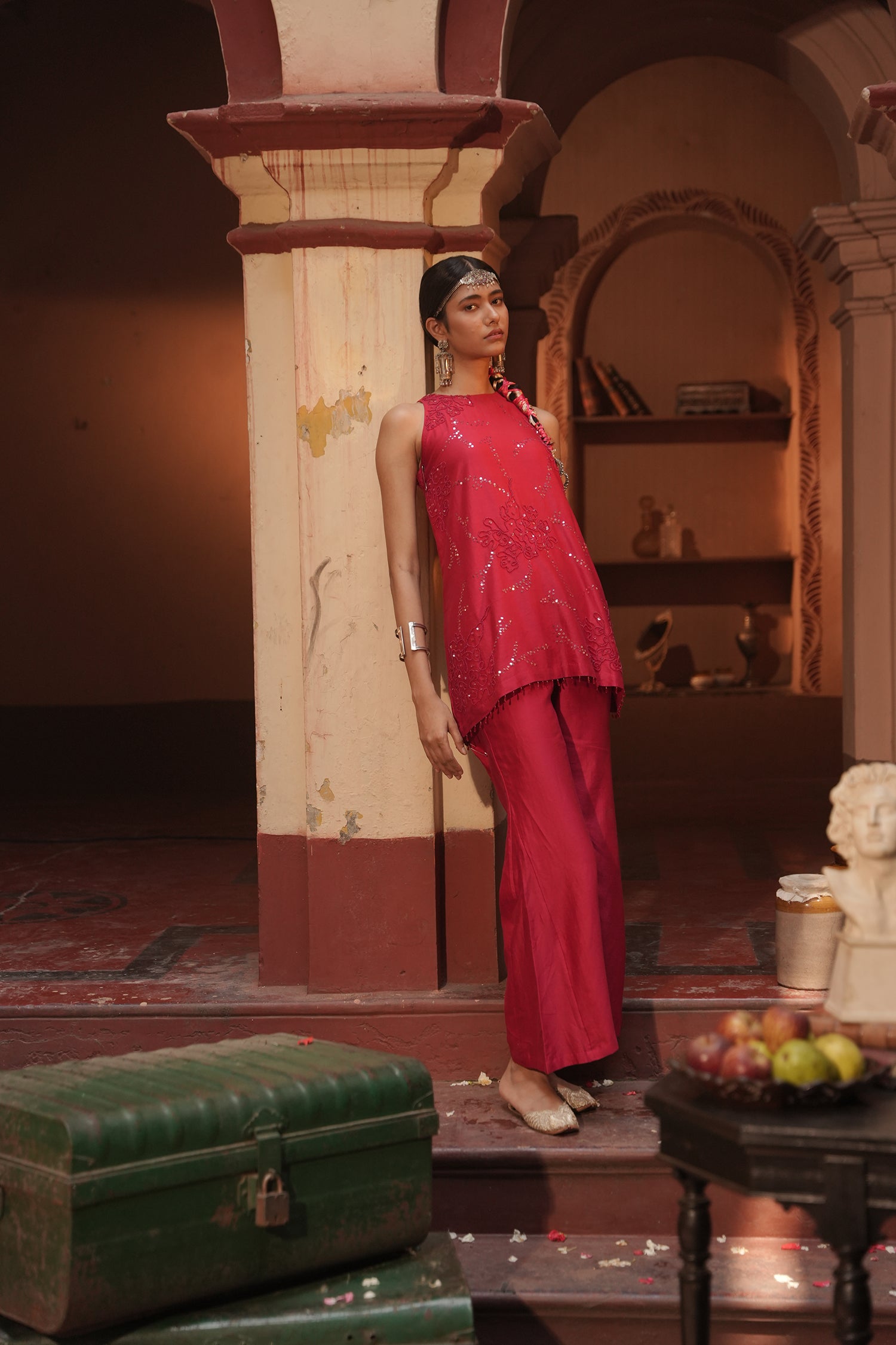 Haina Red Chanderi Top With Bell Button Pants