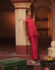 Haina Red Chanderi Top With Bell Button Pants
