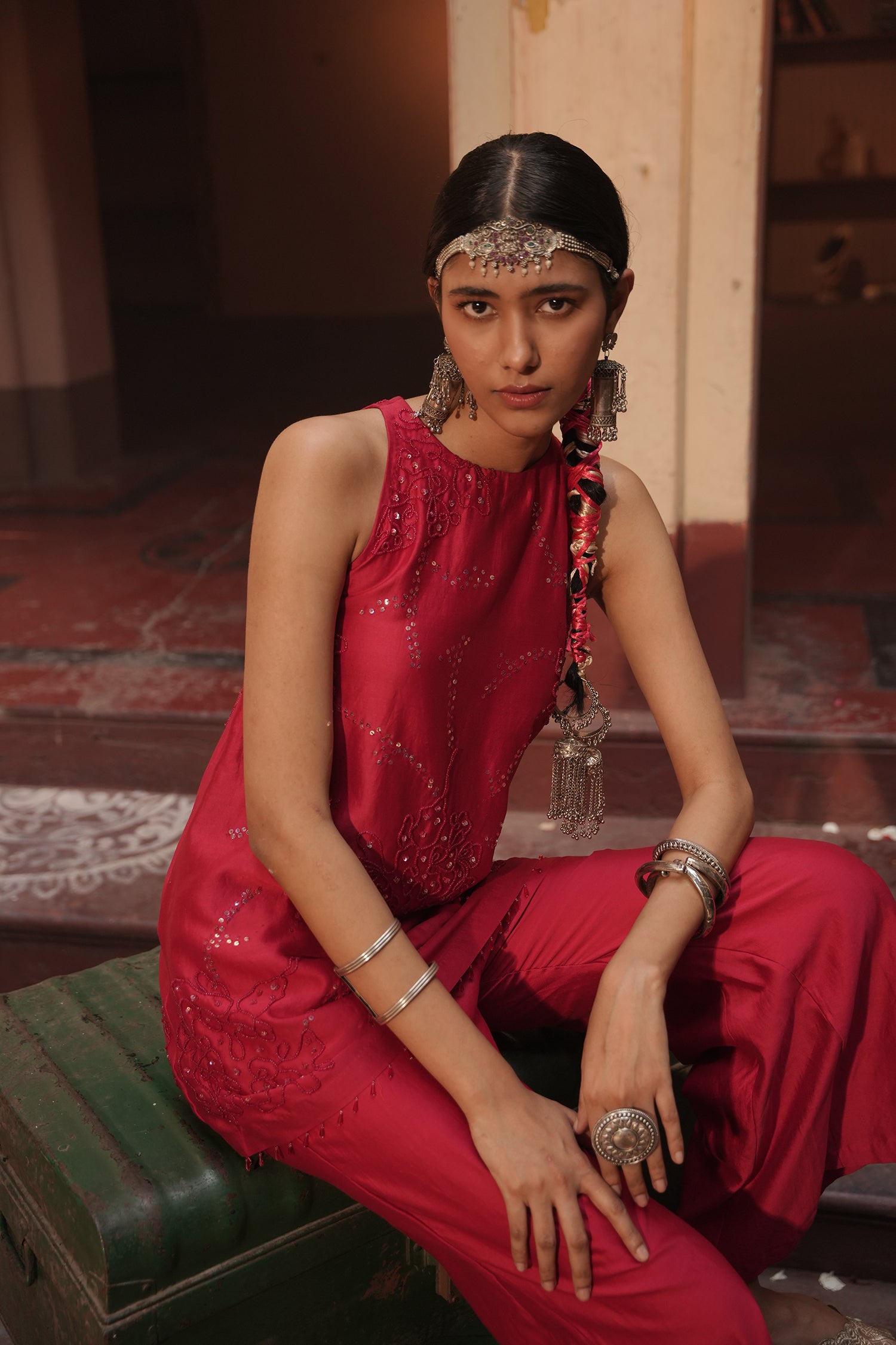 Haina Red Chanderi Top With Bell Button Pants