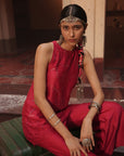 Haina Red Chanderi Top With Bell Button Pants