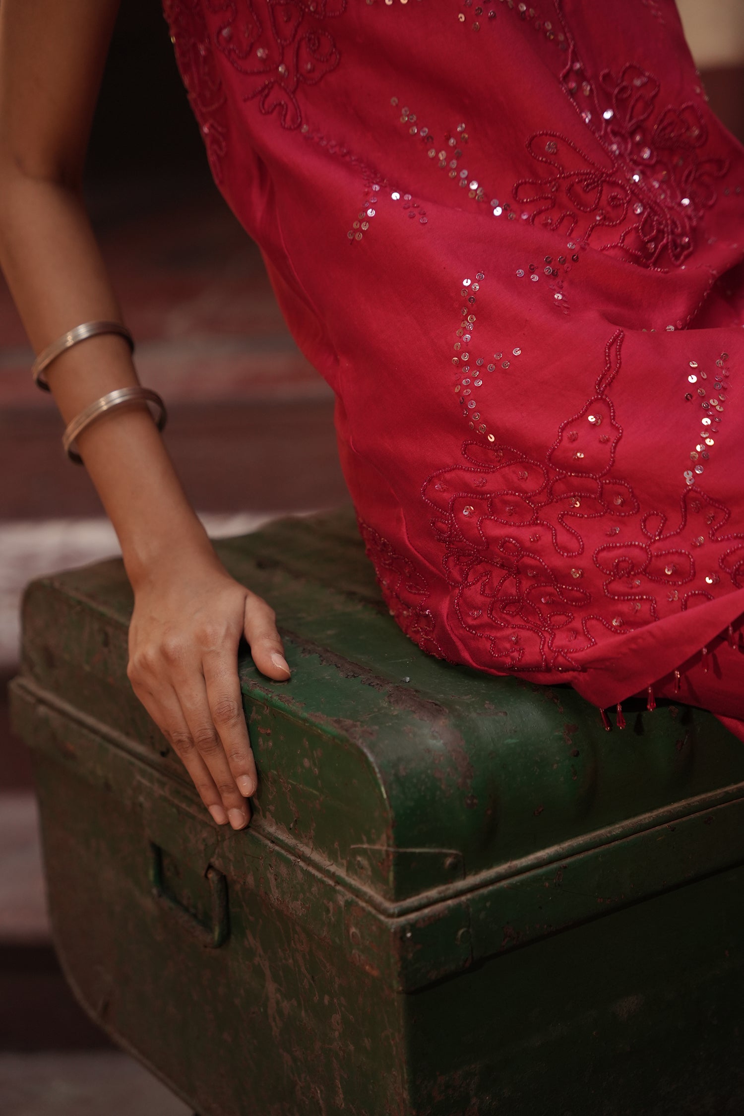 Haina Red Chanderi Top With Bell Button Pants