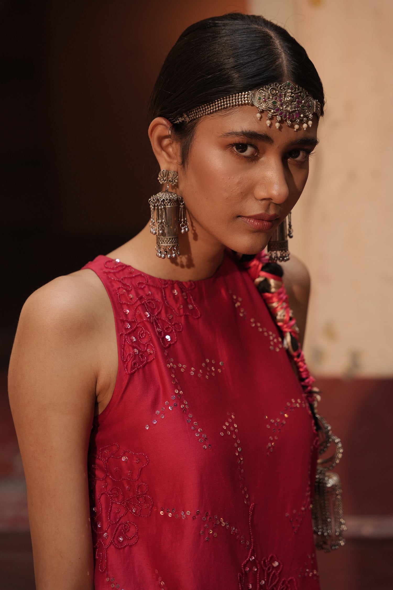 Haina Red Chanderi Top With Bell Button Pants