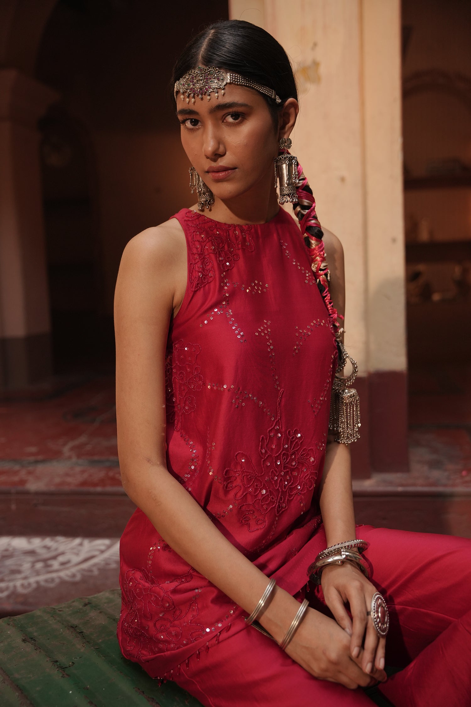 Haina Red Chanderi Top With Bell Button Pants