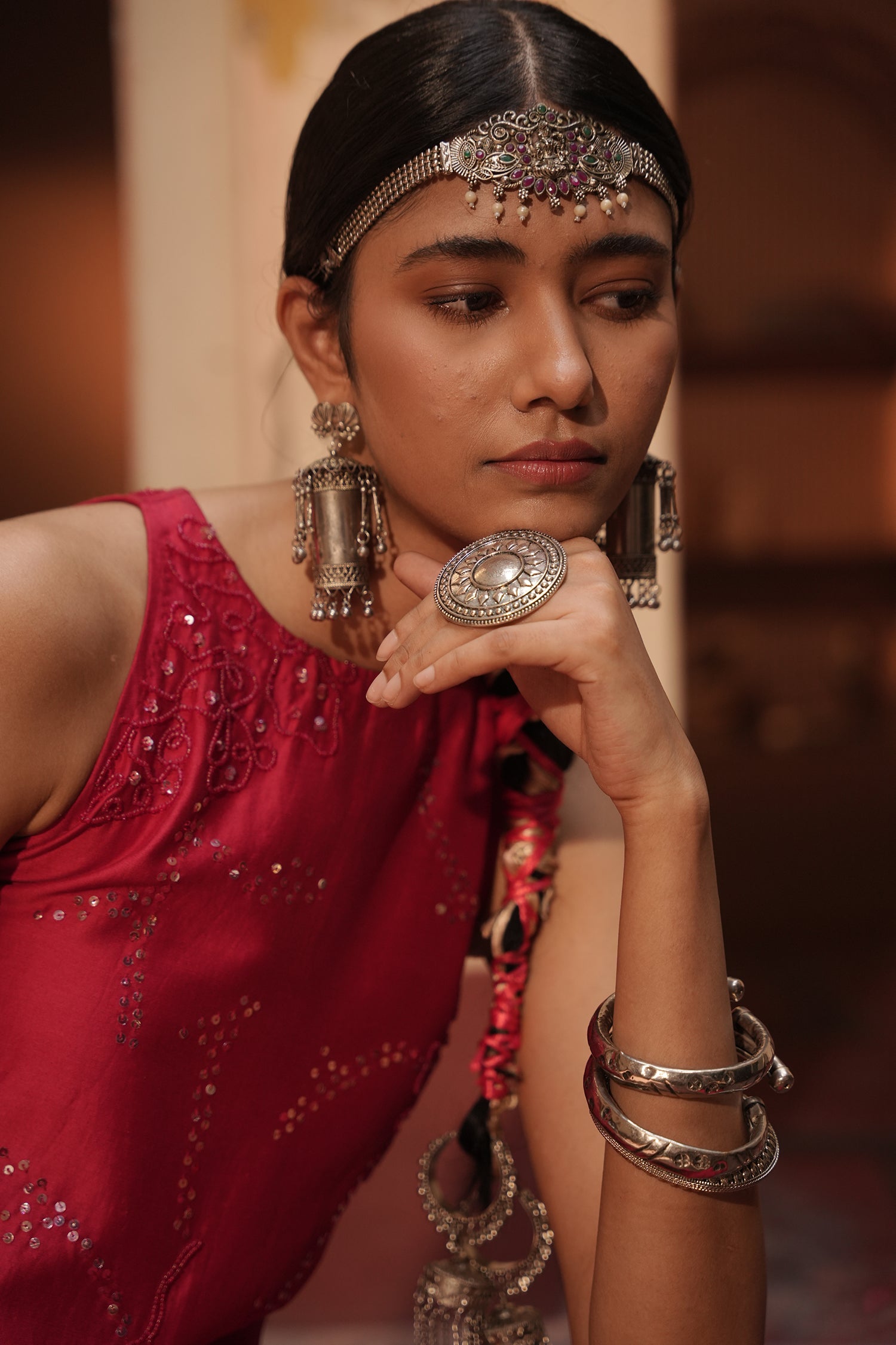 Haina Red Chanderi Top With Bell Button Pants