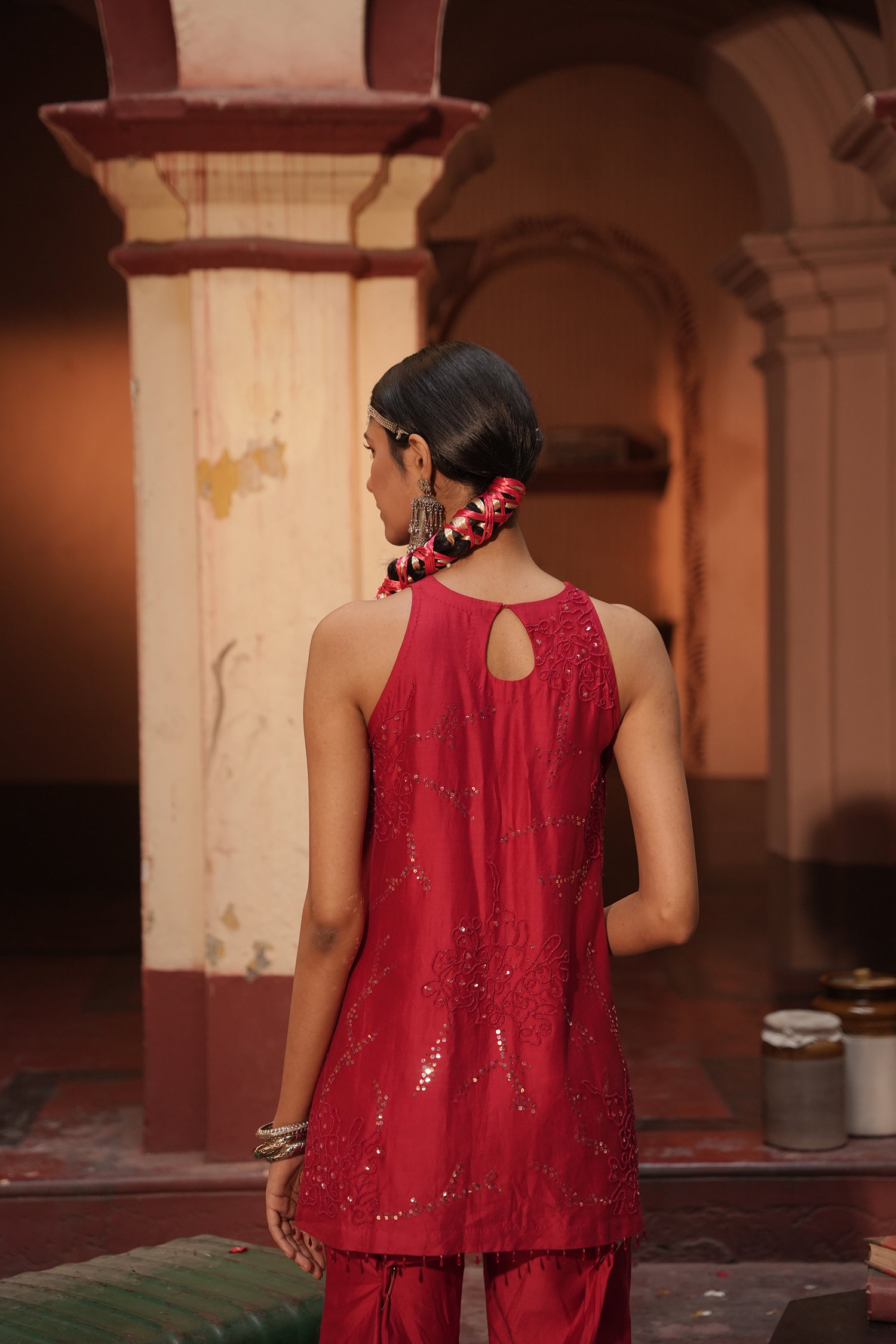 Haina Red Chanderi Top With Bell Button Pants