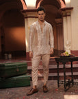 Aziz Silver Silk Tissue Kurta Set