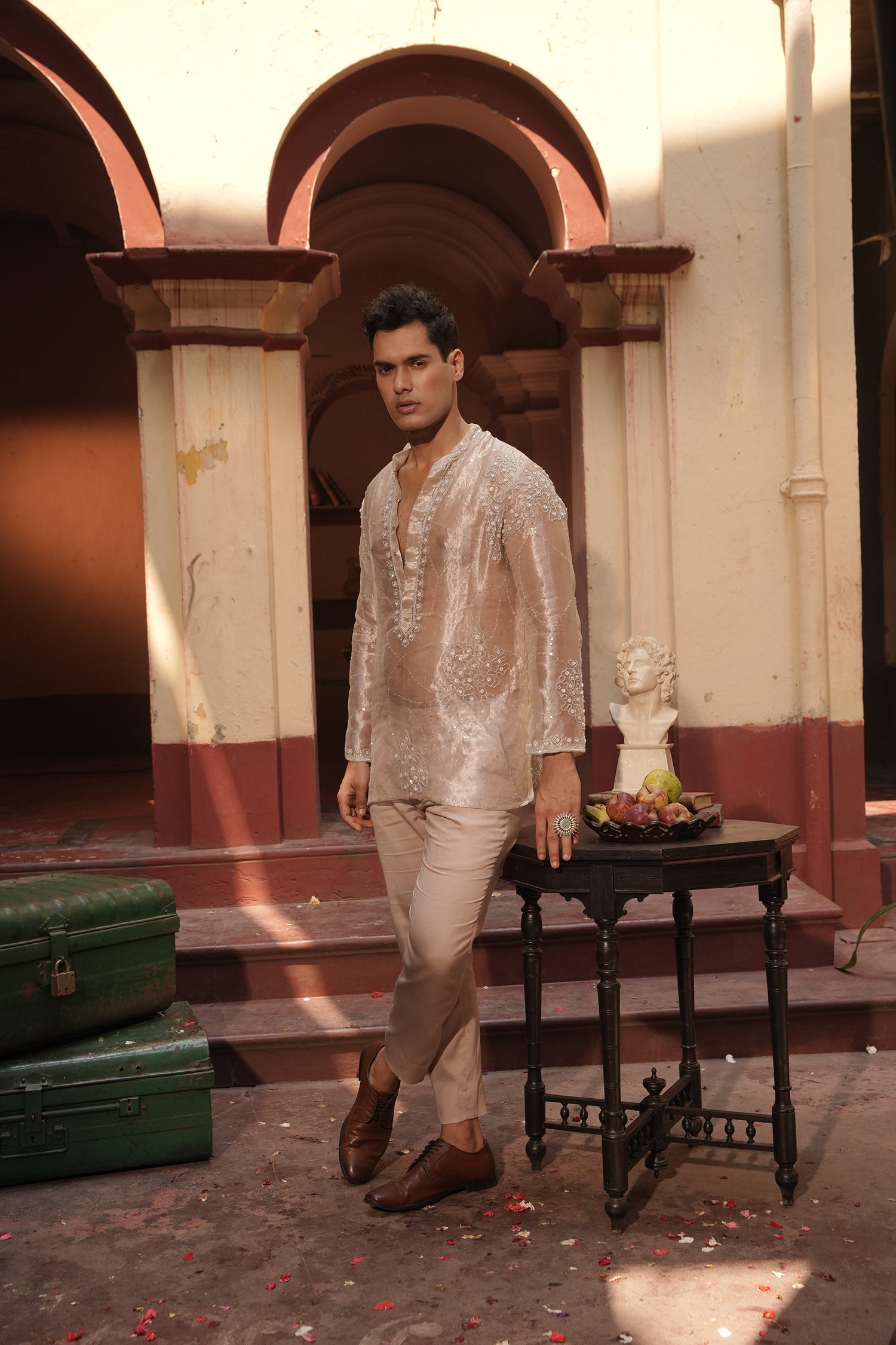 Aziz Silver Silk Tissue Kurta Set