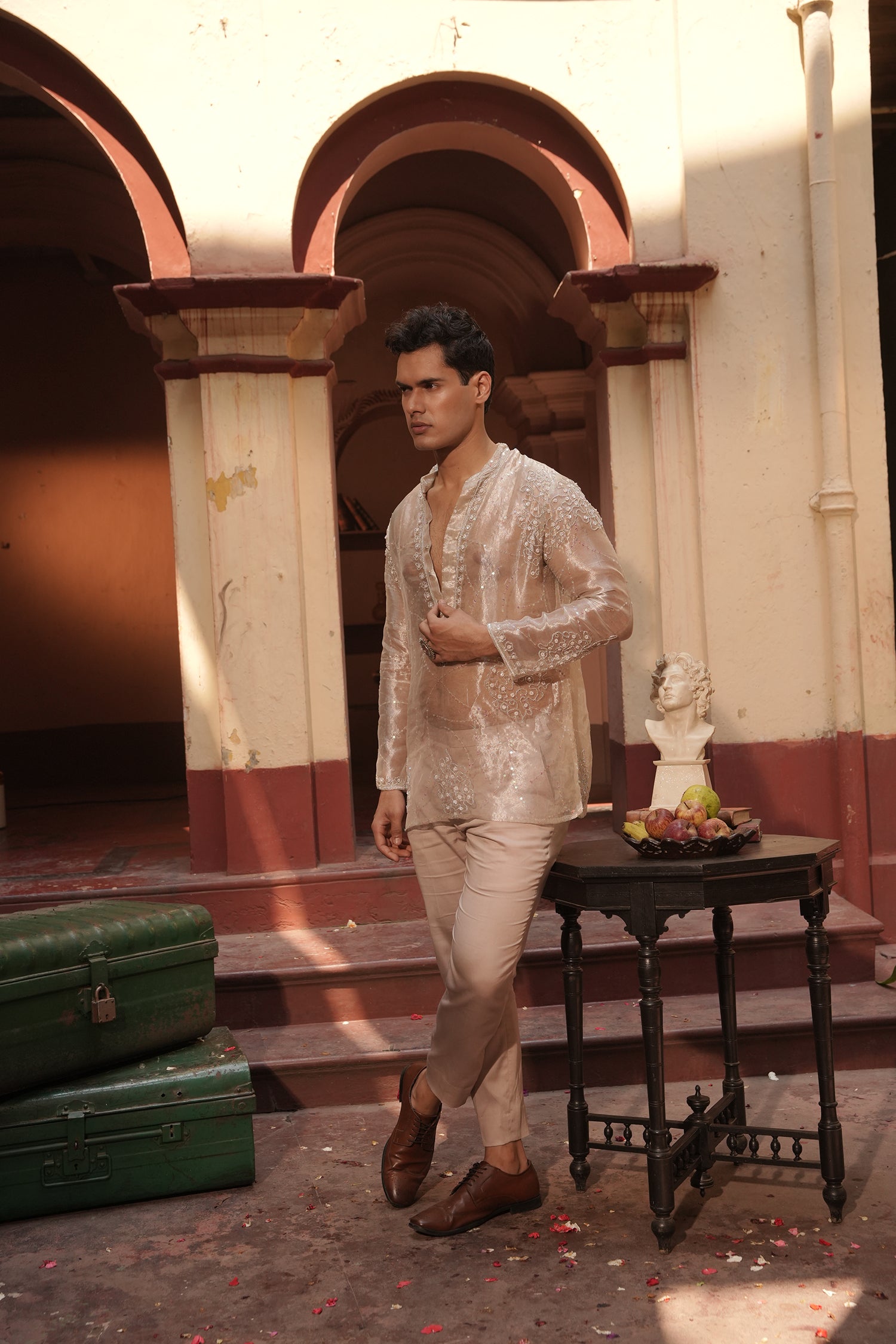 Aziz Silver Silk Tissue Kurta Set