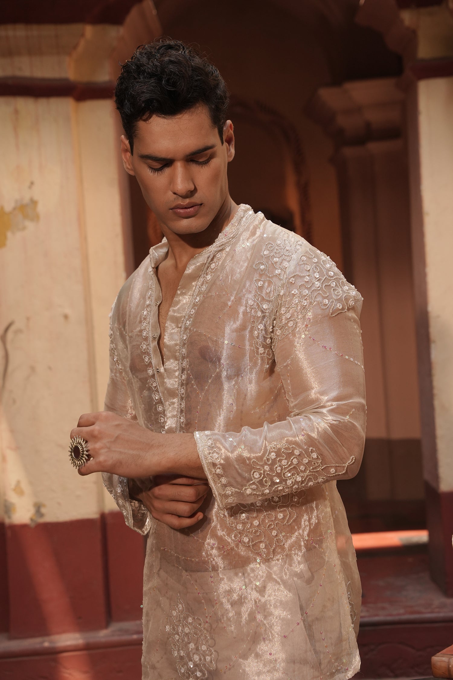 Rishabh Nude Silk Chanderi  Kurta Set