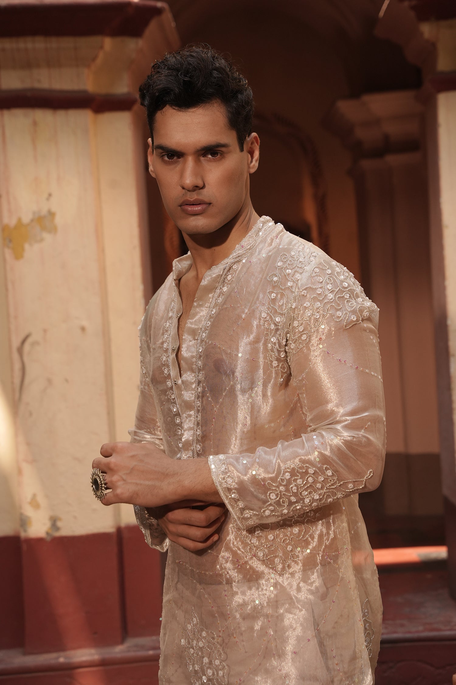 Aziz Silver Silk Tissue Kurta Set