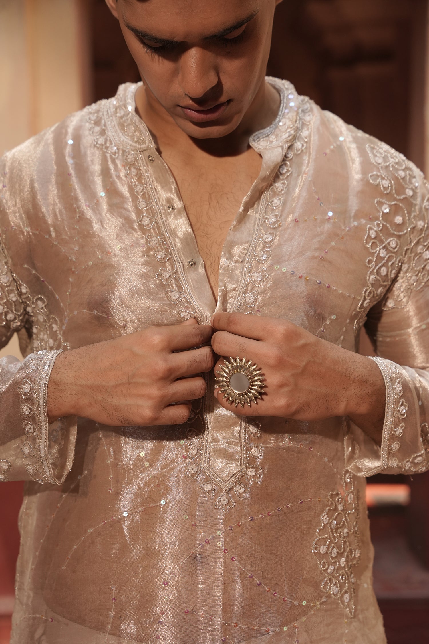 Rishabh Nude Silk Chanderi  Kurta Set