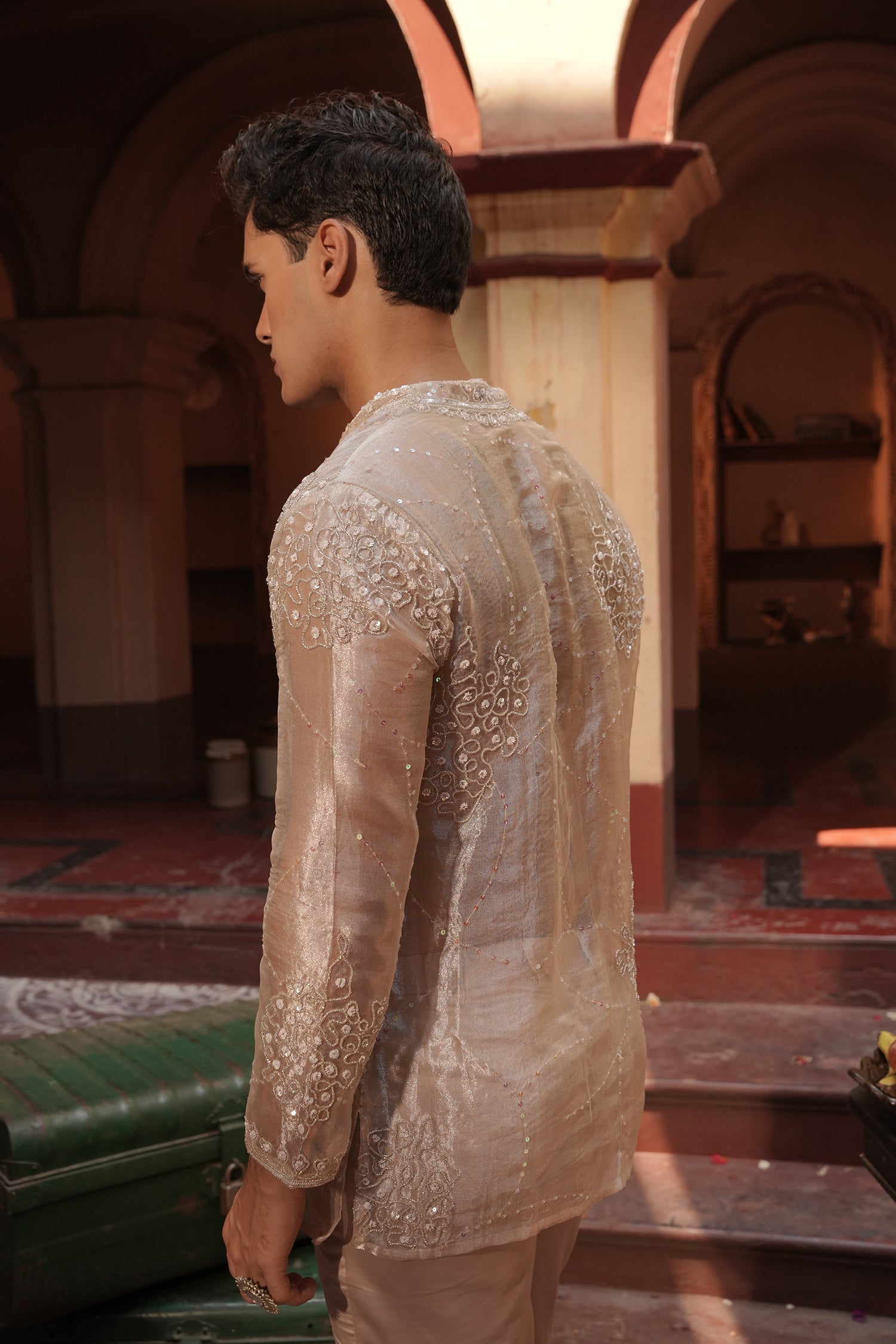 Aziz Silver Silk Tissue Kurta Set