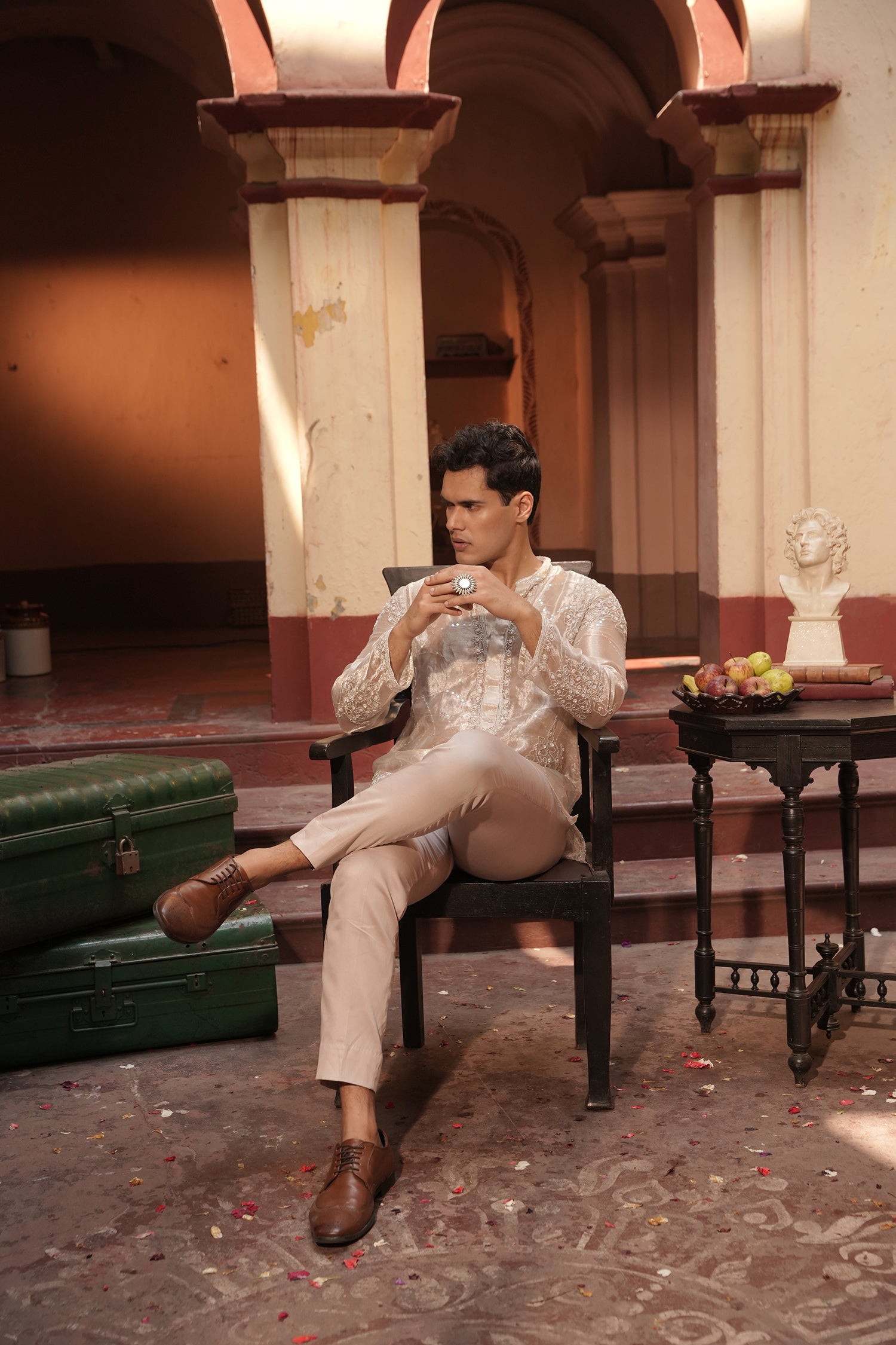 Aziz Silver Silk Tissue Kurta Set