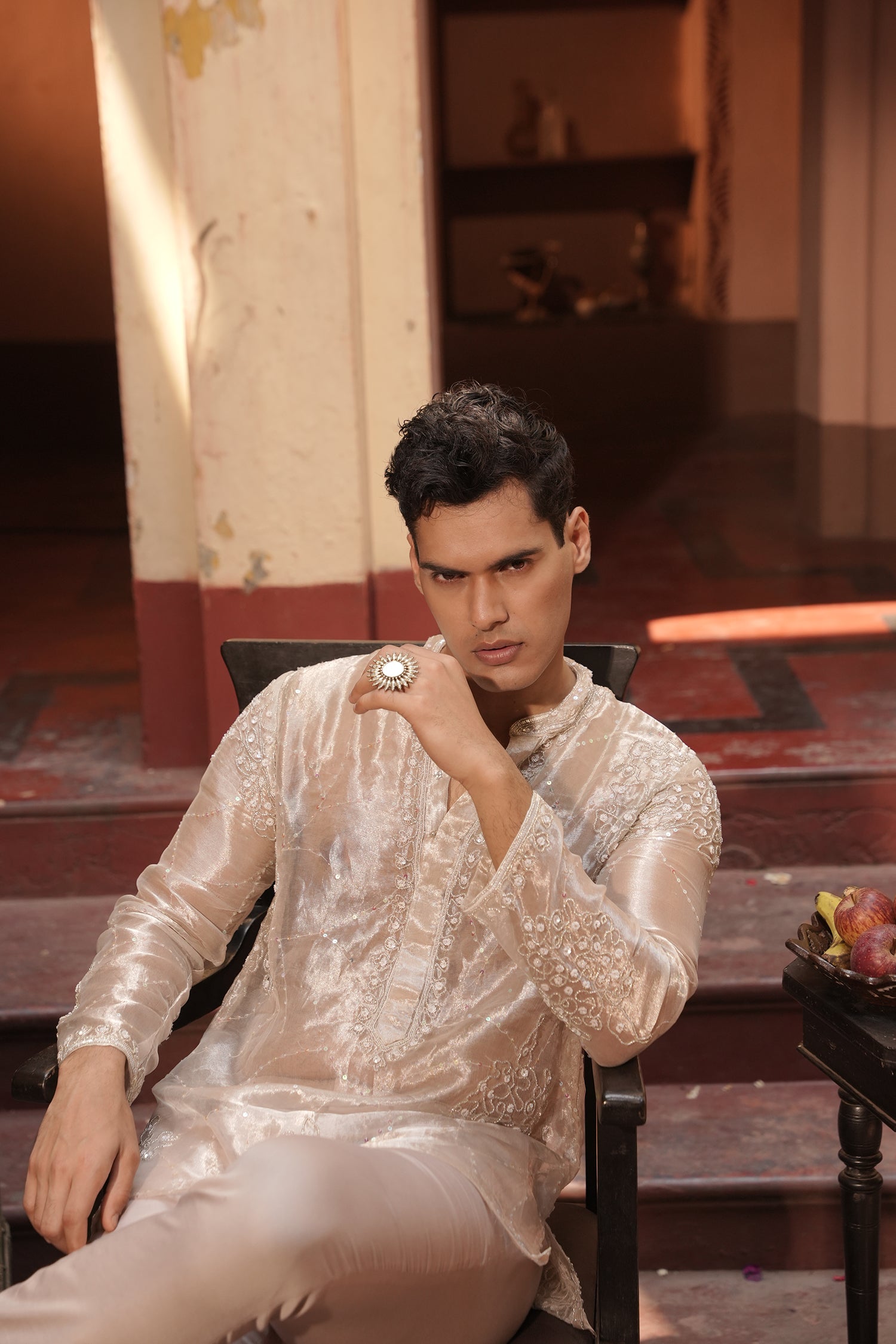 Aziz Silver Silk Tissue Kurta Set