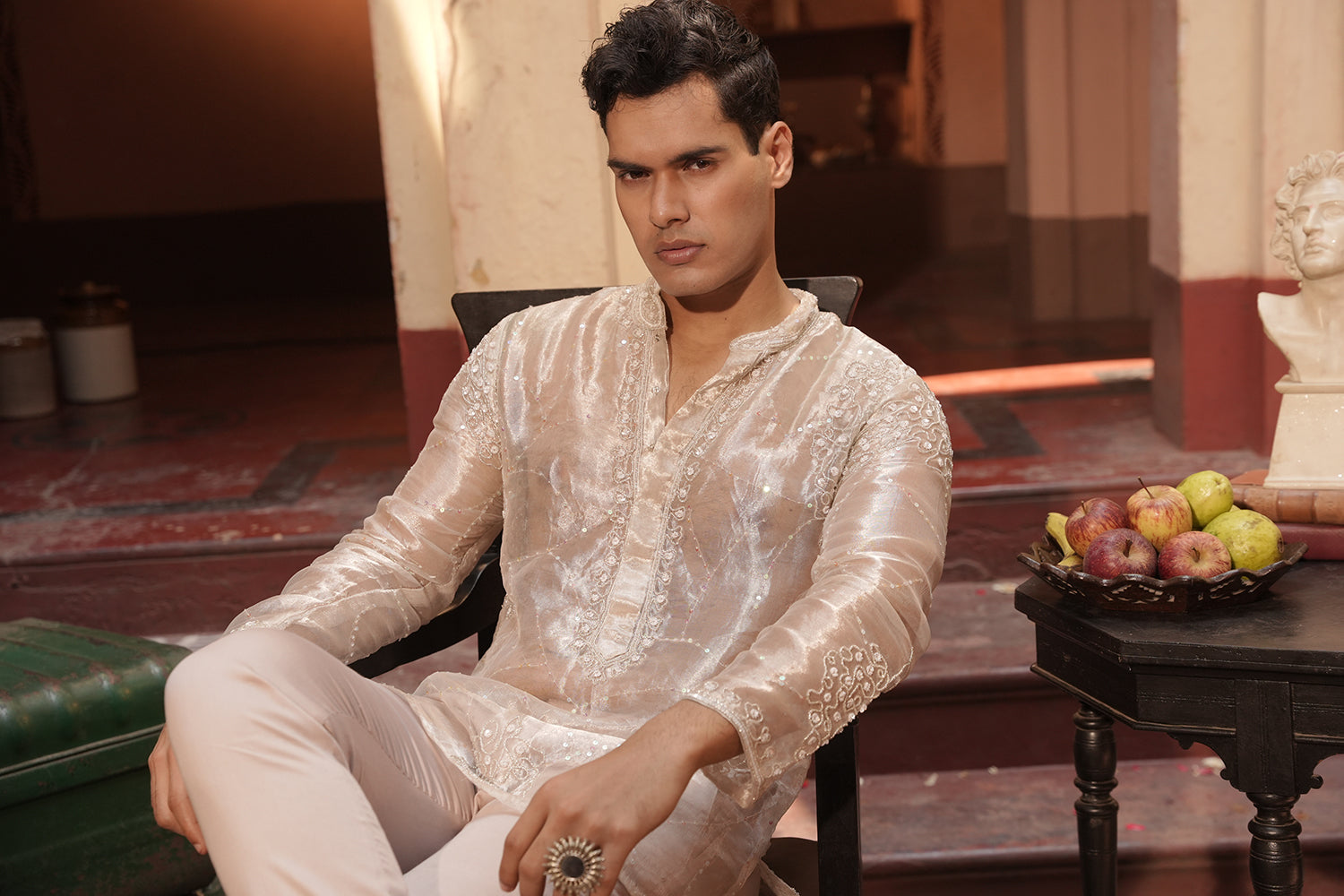 Aziz Silver Silk Tissue Kurta Set