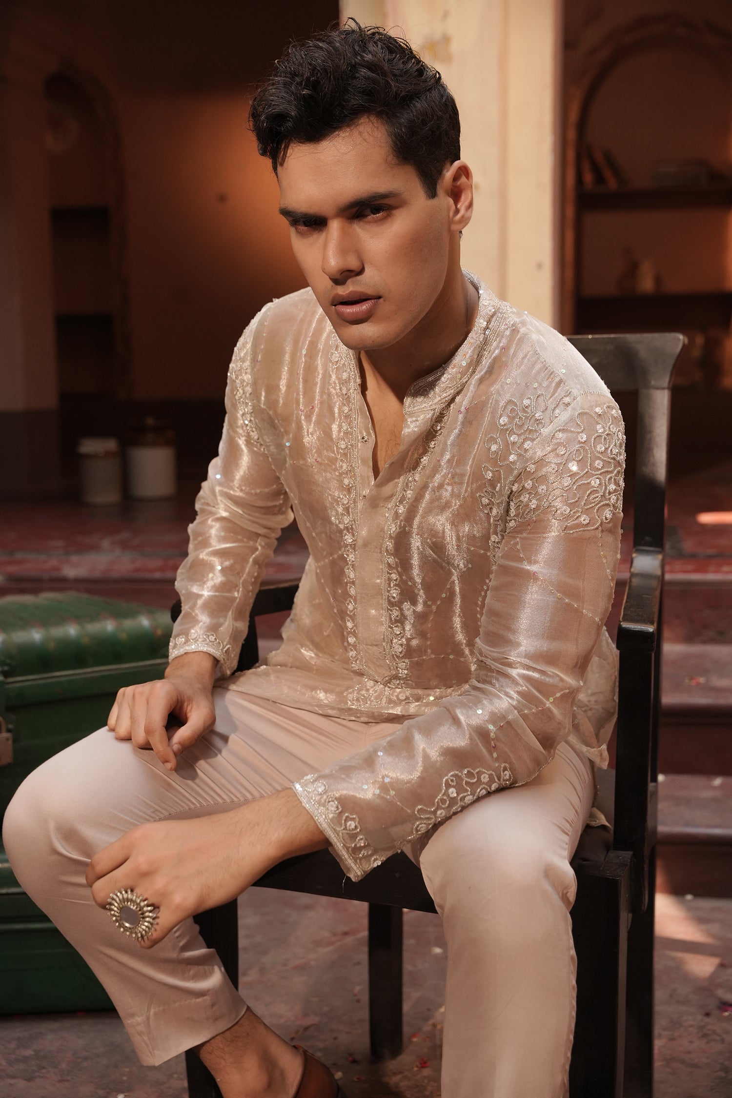 Aziz Silver Silk Tissue Kurta Set