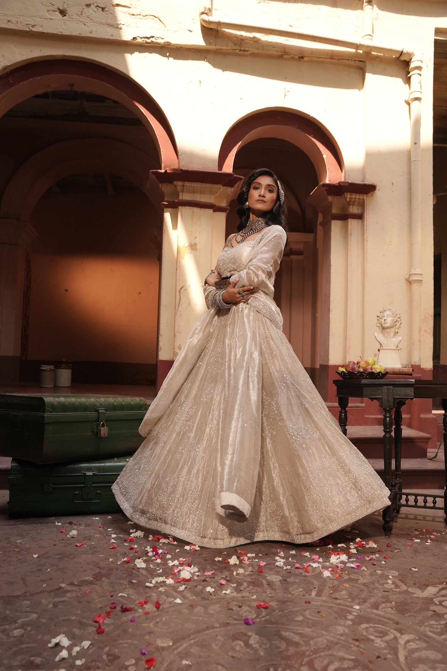 Maya Silver Silk Tissue Jaal Lehenga Set