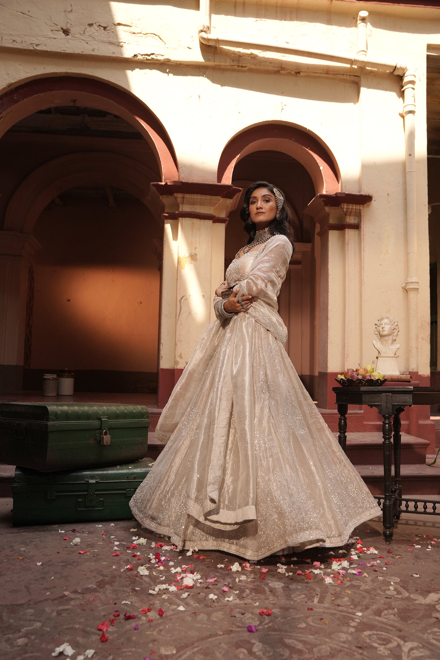 Maya Silver Silk Tissue Jaal Lehenga Set