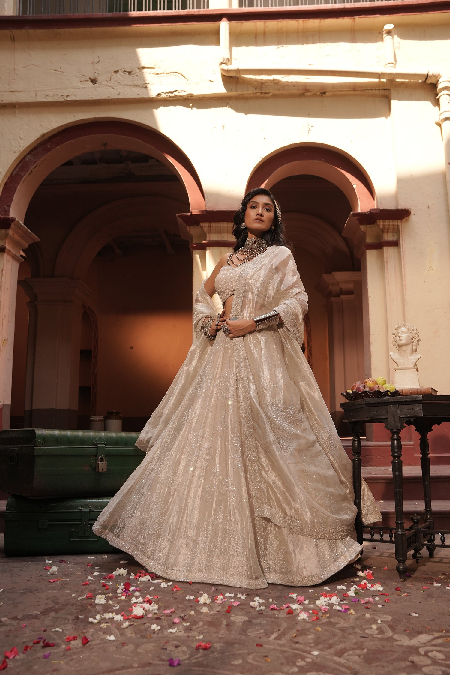 Maya Silver Silk Tissue Jaal Lehenga Set