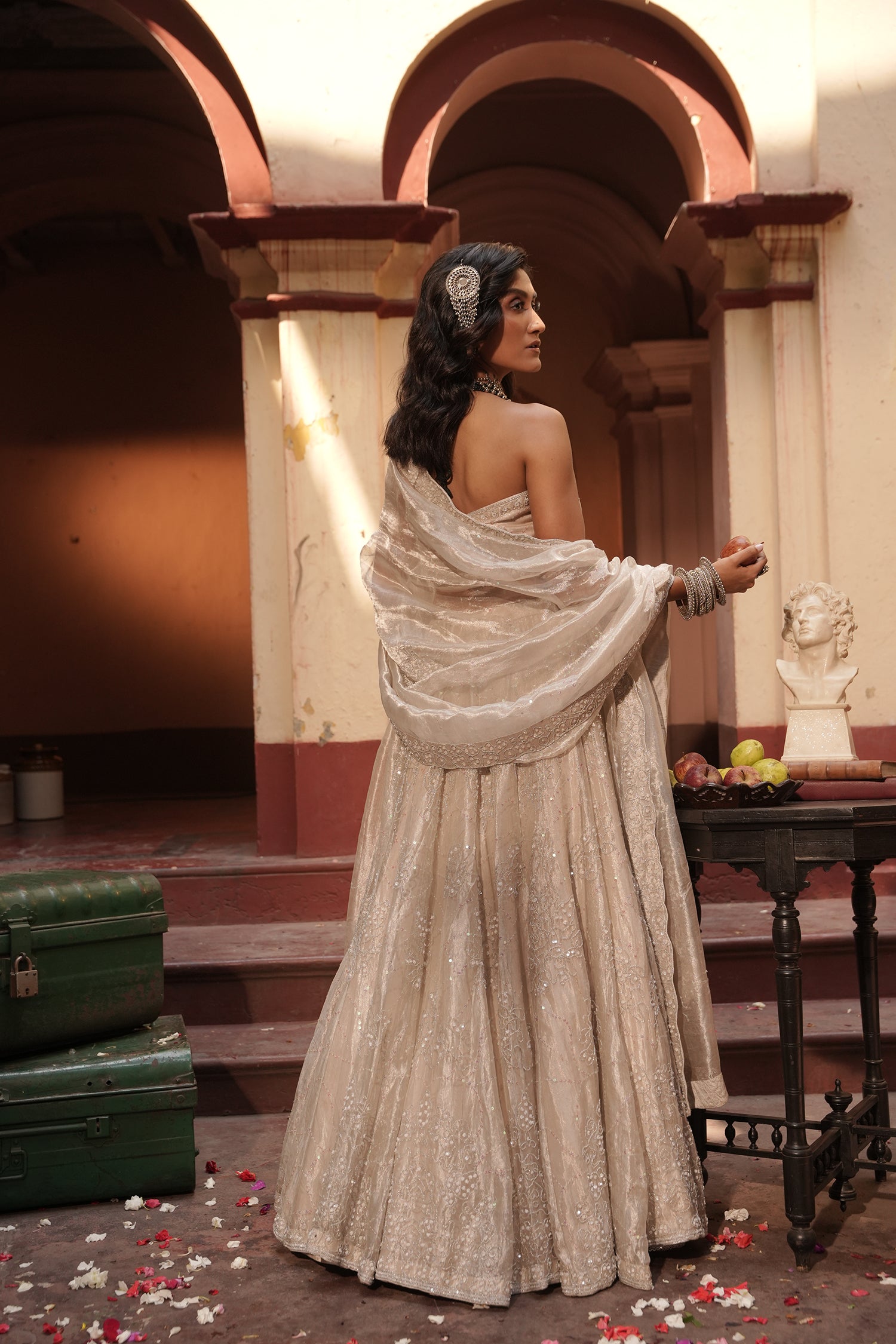 Maya Silver Silk Tissue Jaal Lehenga Set