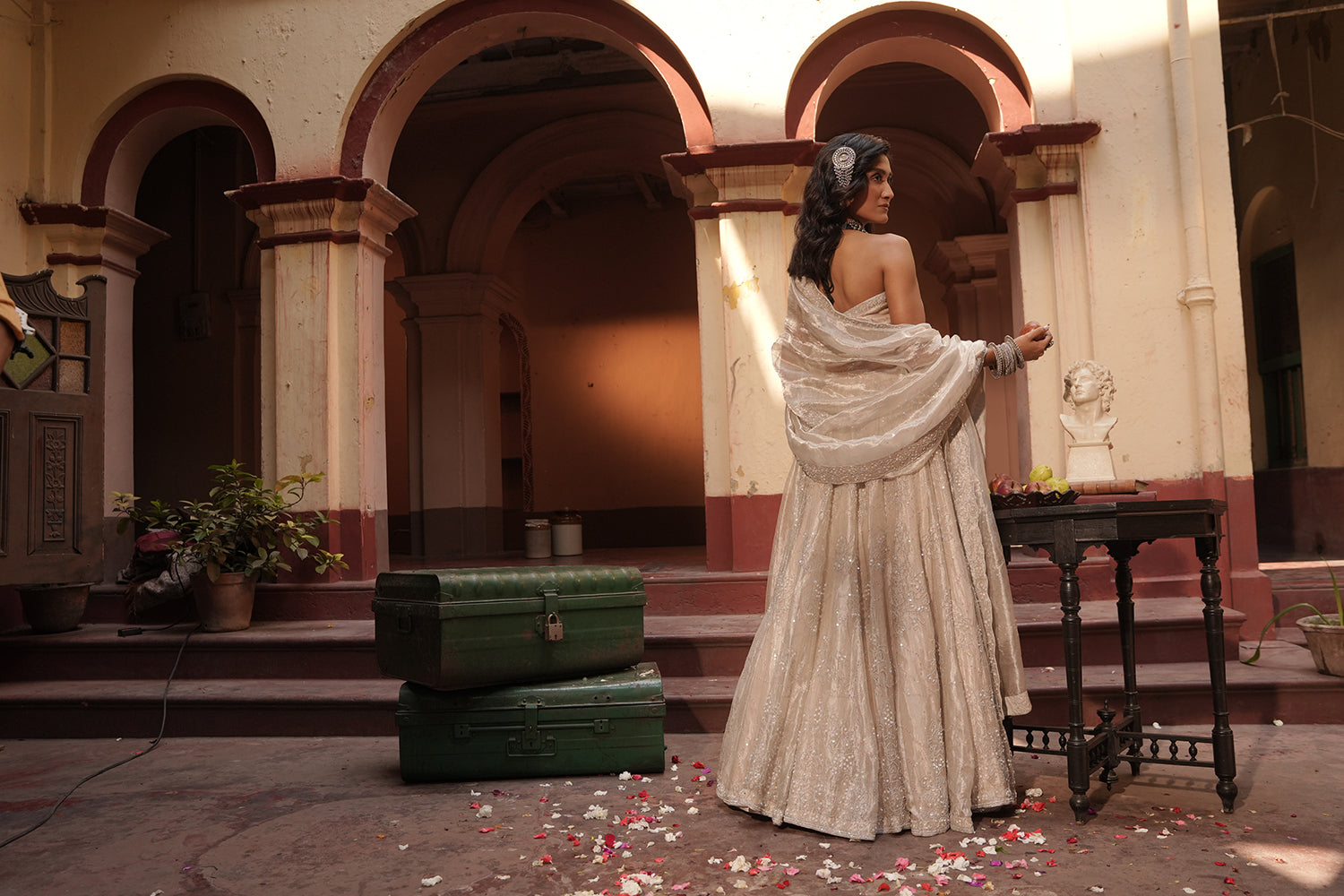 Maya Silver Silk Tissue Jaal Lehenga Set