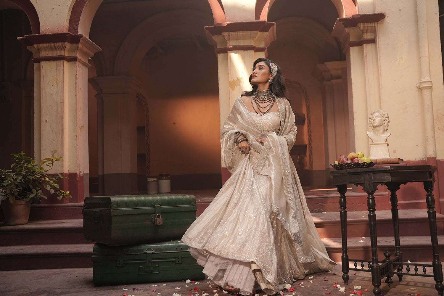 Maya Silver Silk Tissue Jaal Lehenga Set