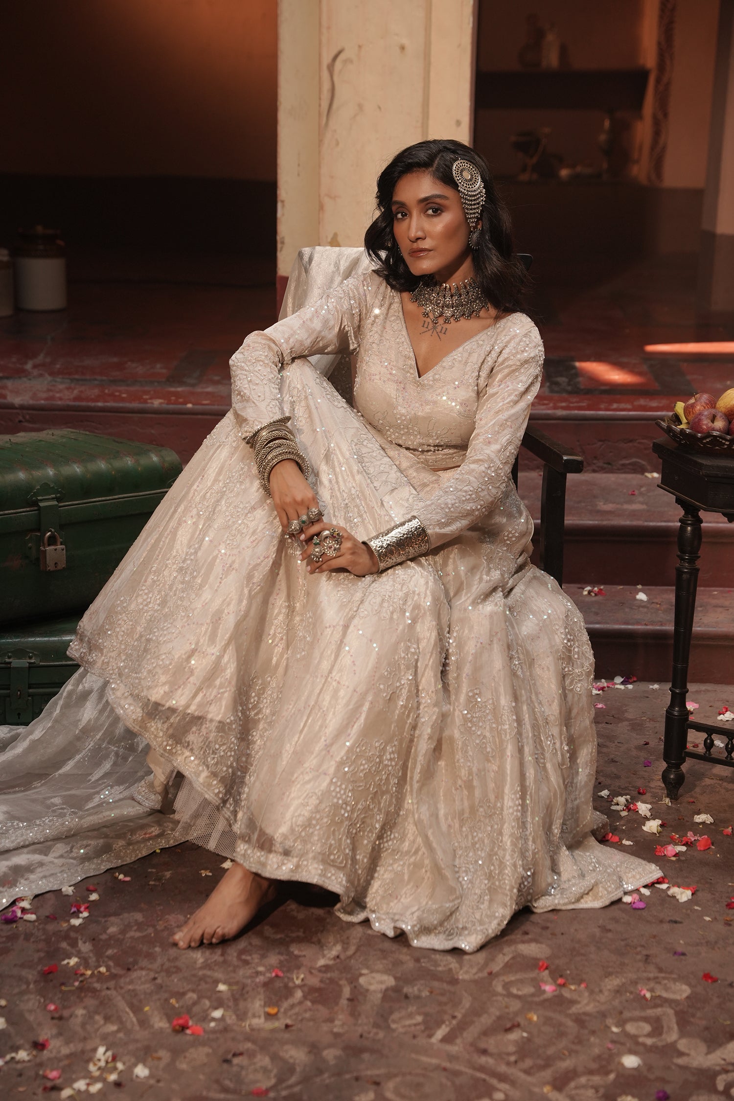 Maya Silver Silk Tissue Jaal Lehenga Set