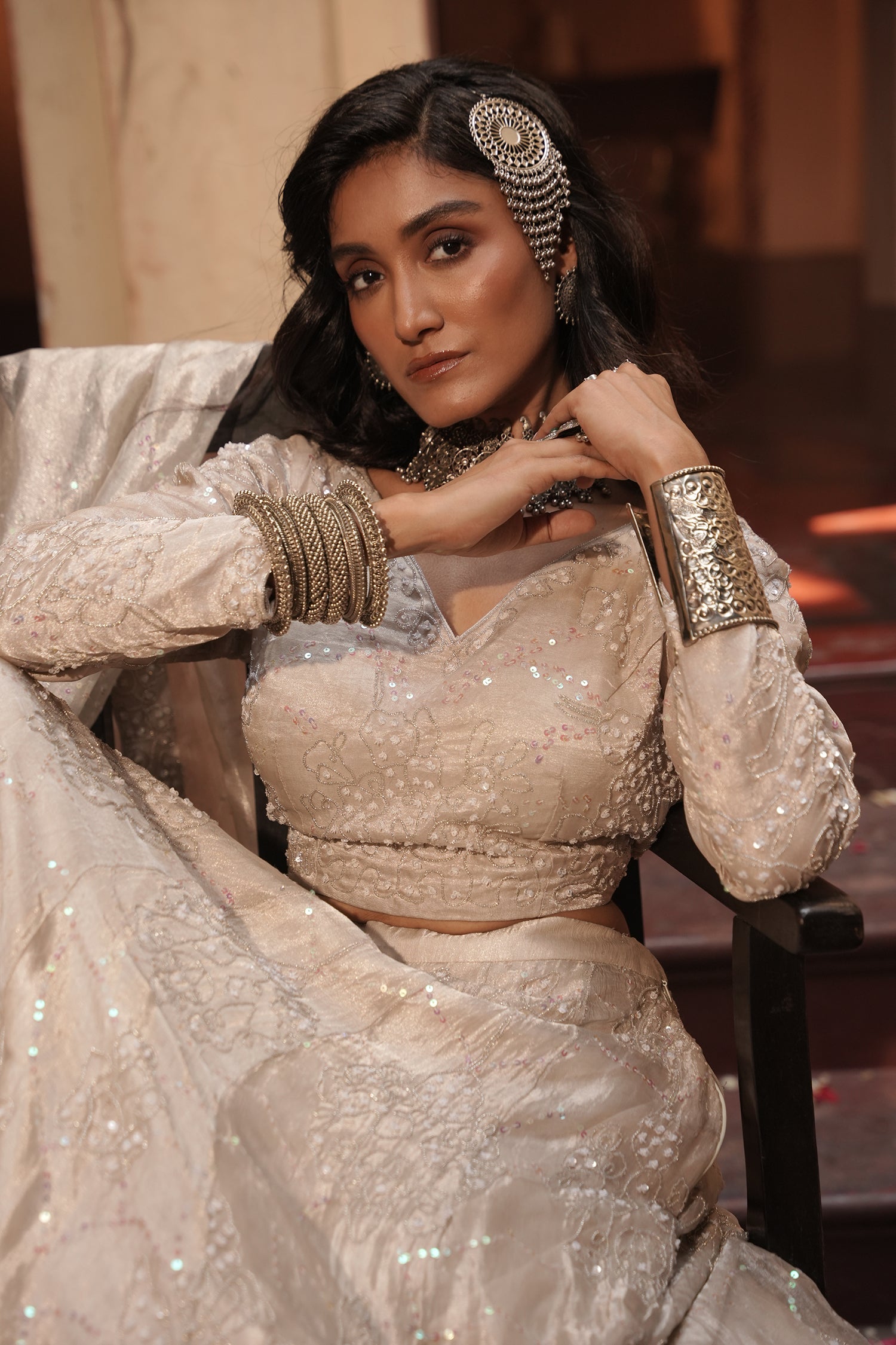 Maya Silver Silk Tissue Jaal Lehenga Set