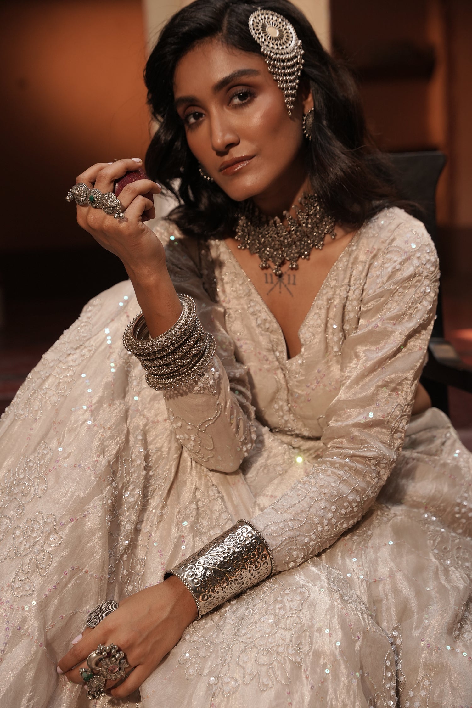 Maya Silver Silk Tissue Jaal Lehenga Set