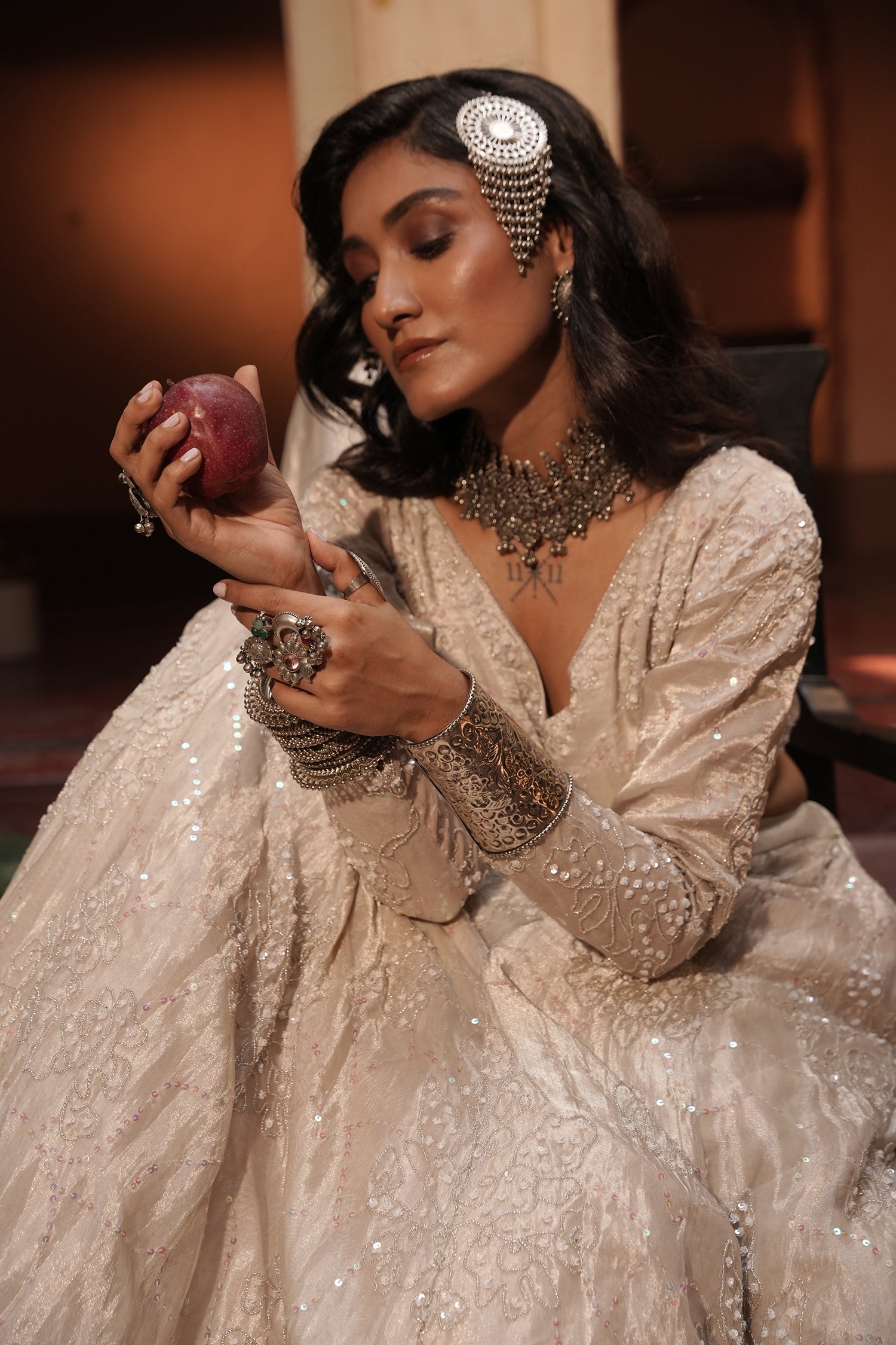 Maya Silver Silk Tissue Jaal Lehenga Set