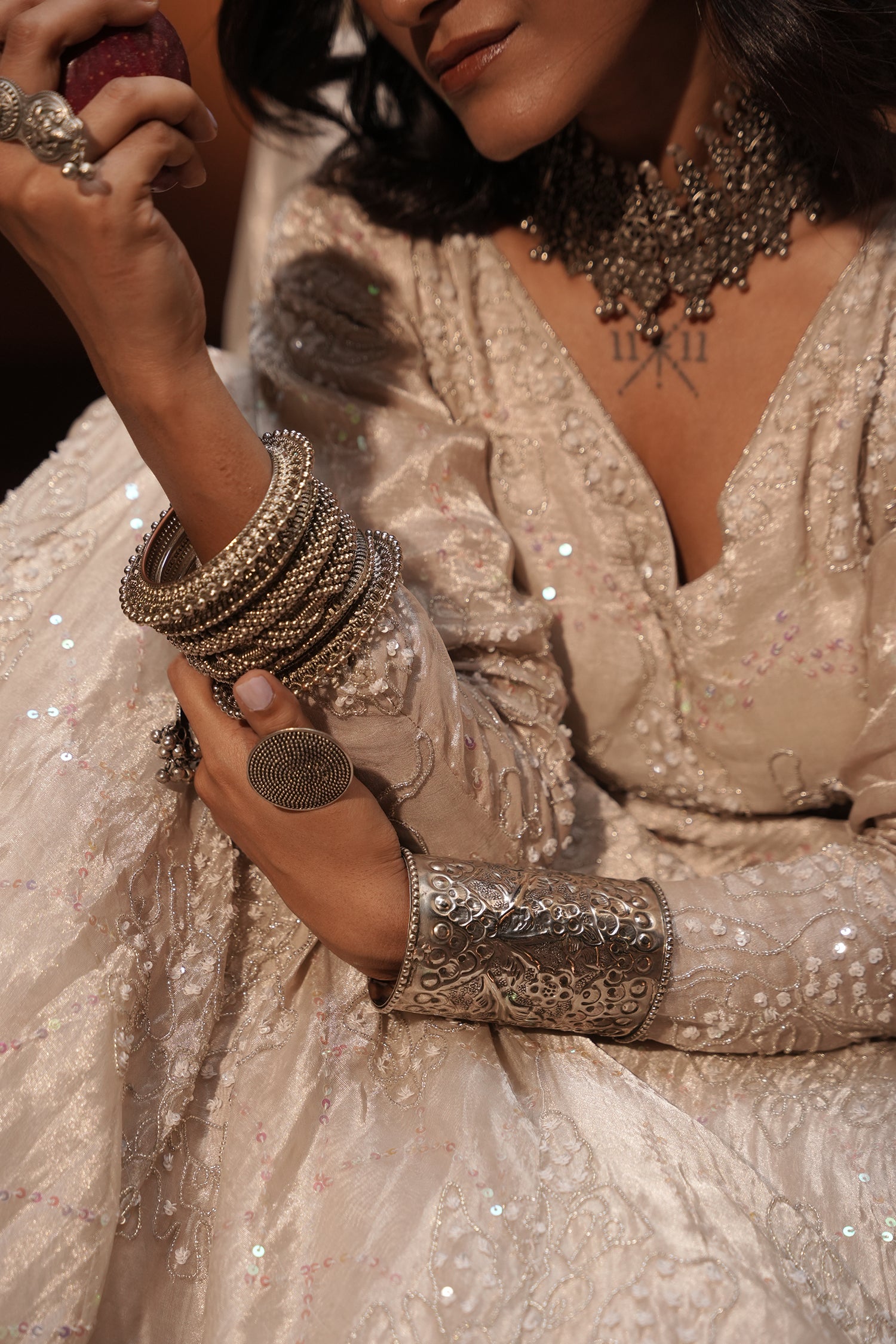 Maya Silver Silk Tissue Jaal Lehenga Set