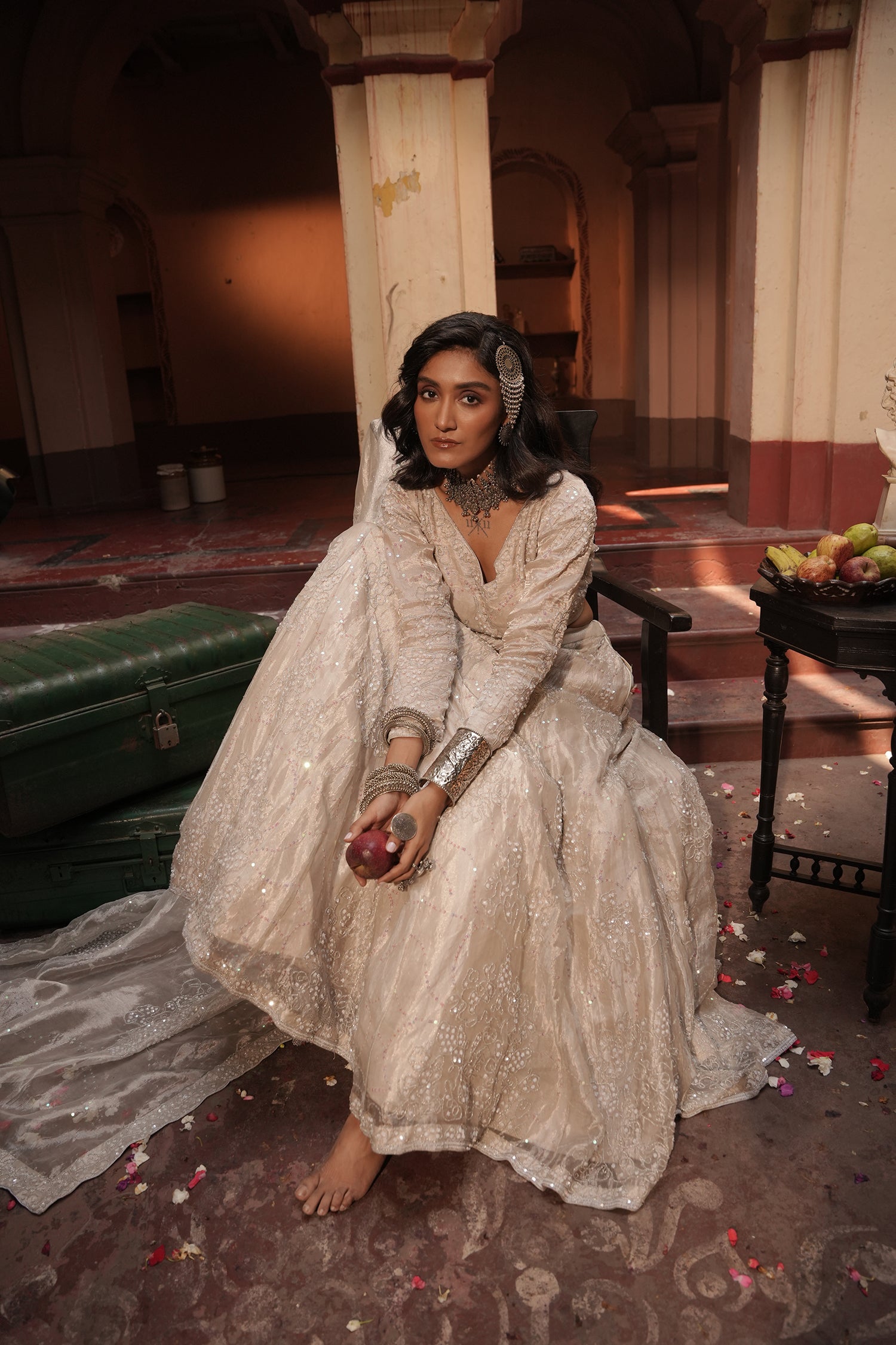 Maya Silver Silk Tissue Jaal Lehenga Set