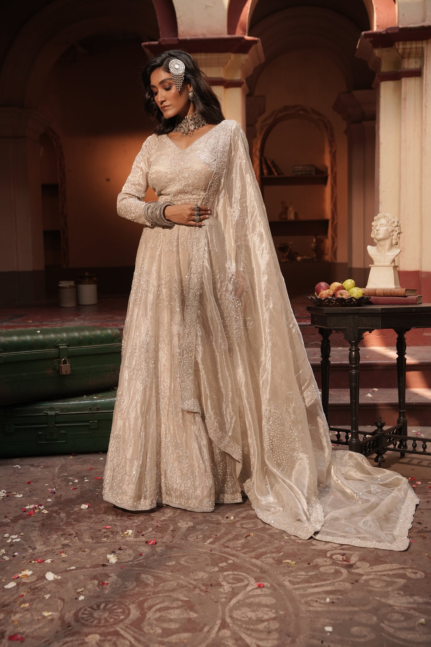 Maya Silver Silk Tissue Jaal Lehenga Set