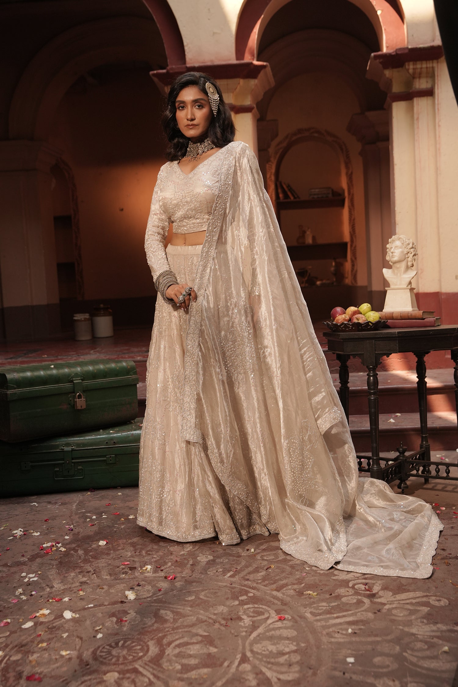 Maya Silver Silk Tissue Jaal Lehenga Set