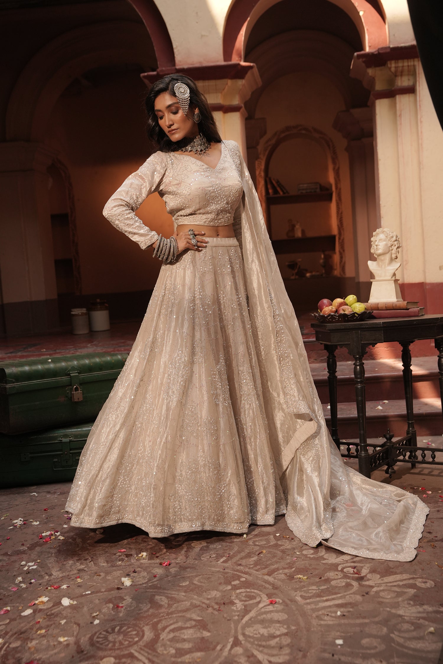 Maya Silver Silk Tissue Jaal Lehenga Set