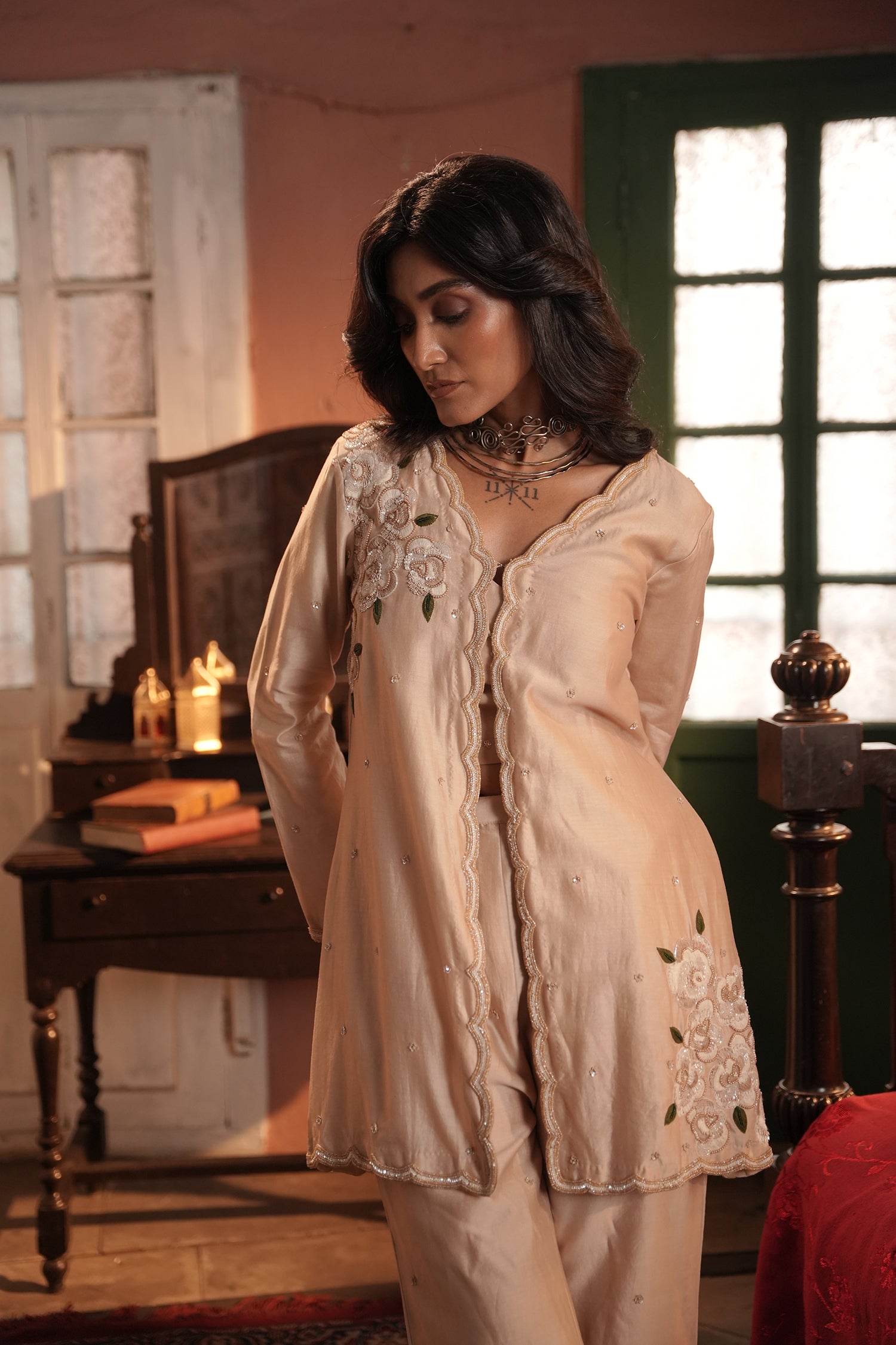 Valiqa Nude Chanderi Jacket With Bustier And Pant