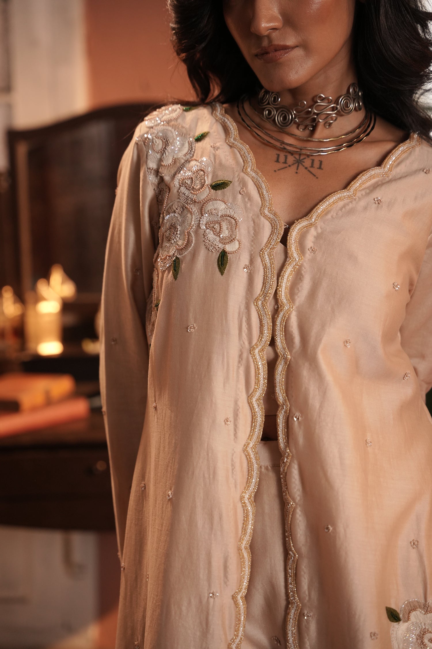 Valiqa Nude Chanderi Jacket With Bustier And Pant