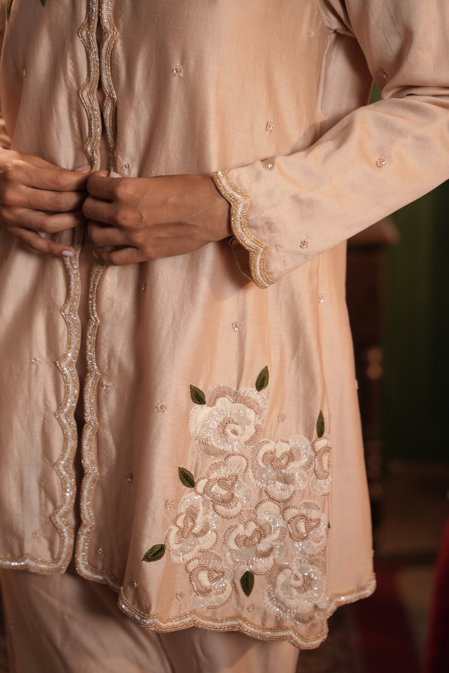 Valiqa Nude Chanderi Jacket With Bustier And Pant