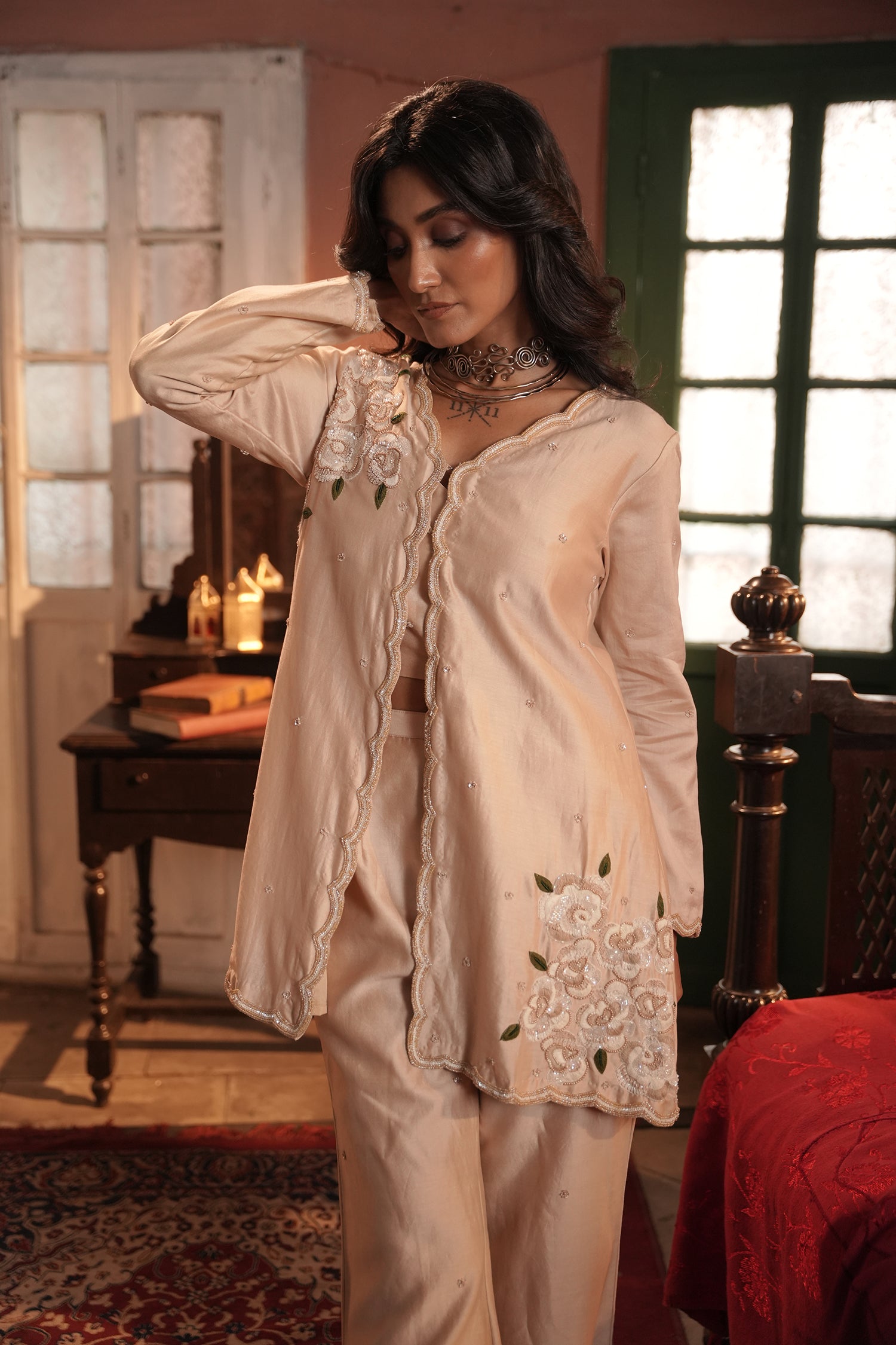 Valiqa Nude Chanderi Jacket With Bustier And Pant