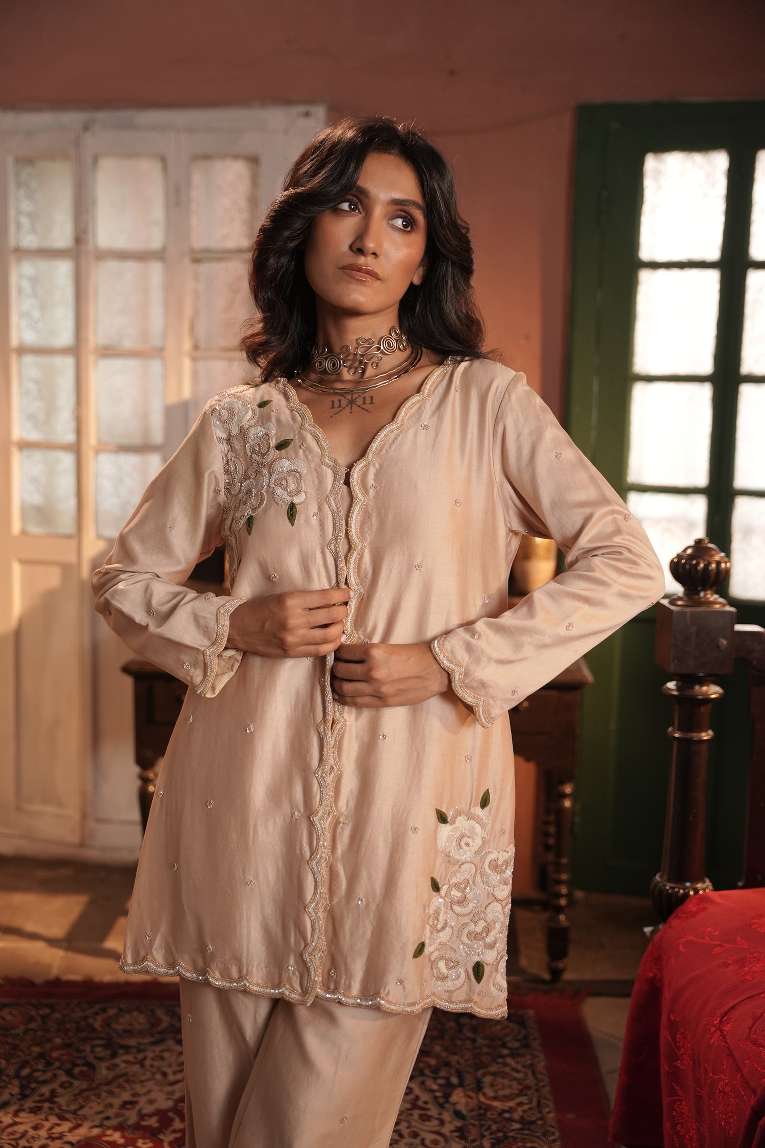 Valiqa Nude Chanderi Jacket With Bustier And Pant