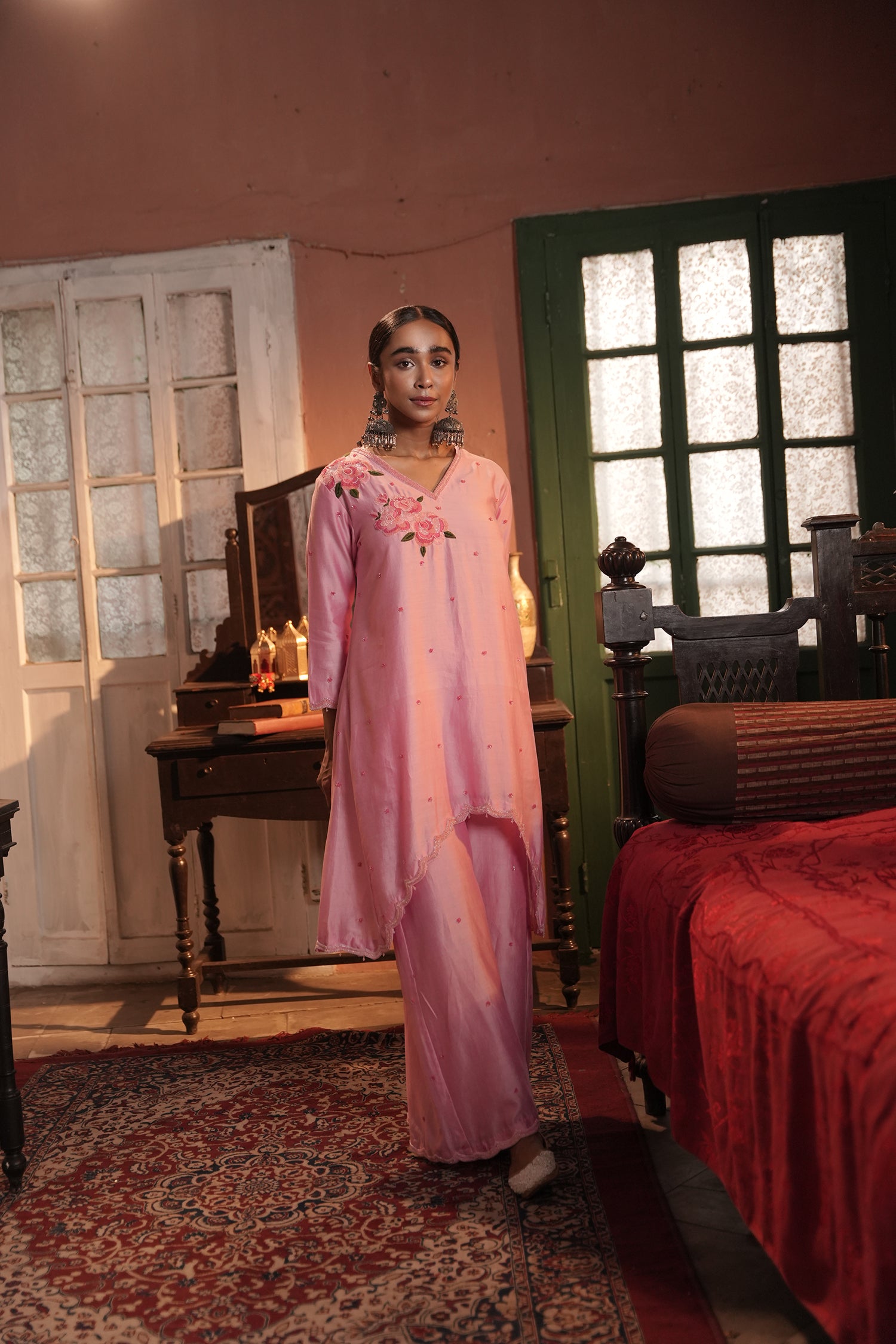 Sana Assymmetrical Flamingo Chanderi Kurta Set