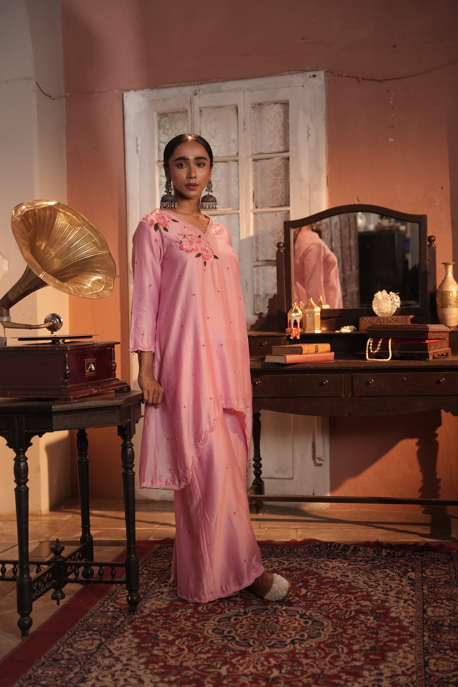 Sana Assymmetrical Flamingo Chanderi Kurta Set