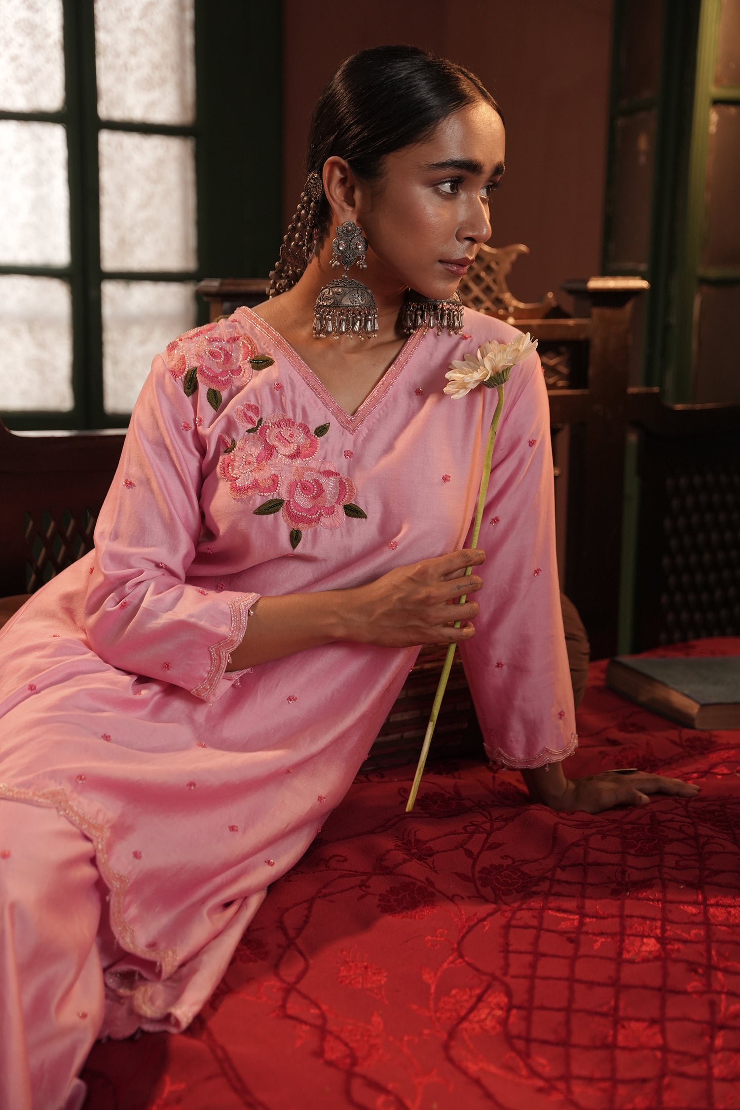 Sana Assymmetrical Flamingo Chanderi Kurta Set