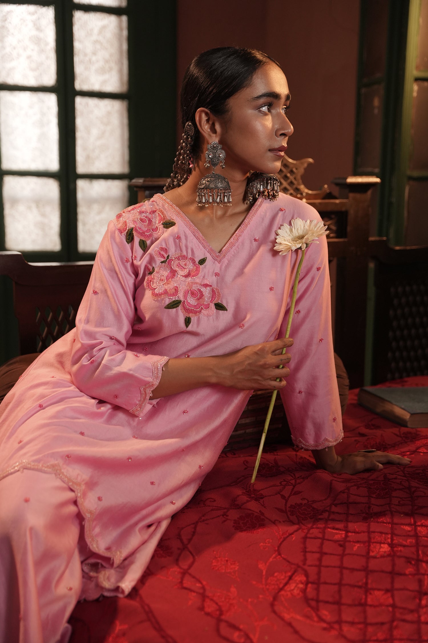 Sana Assymmetrical Flamingo Chanderi Kurta Set