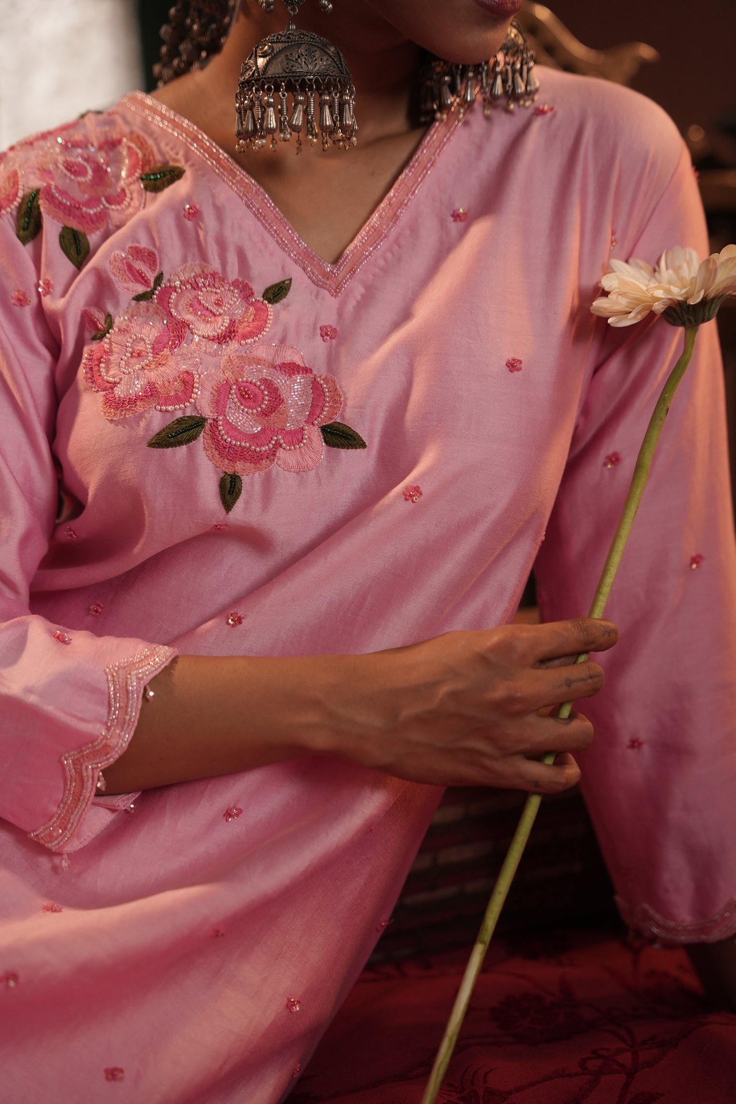 Sana Assymmetrical Flamingo Chanderi Kurta Set