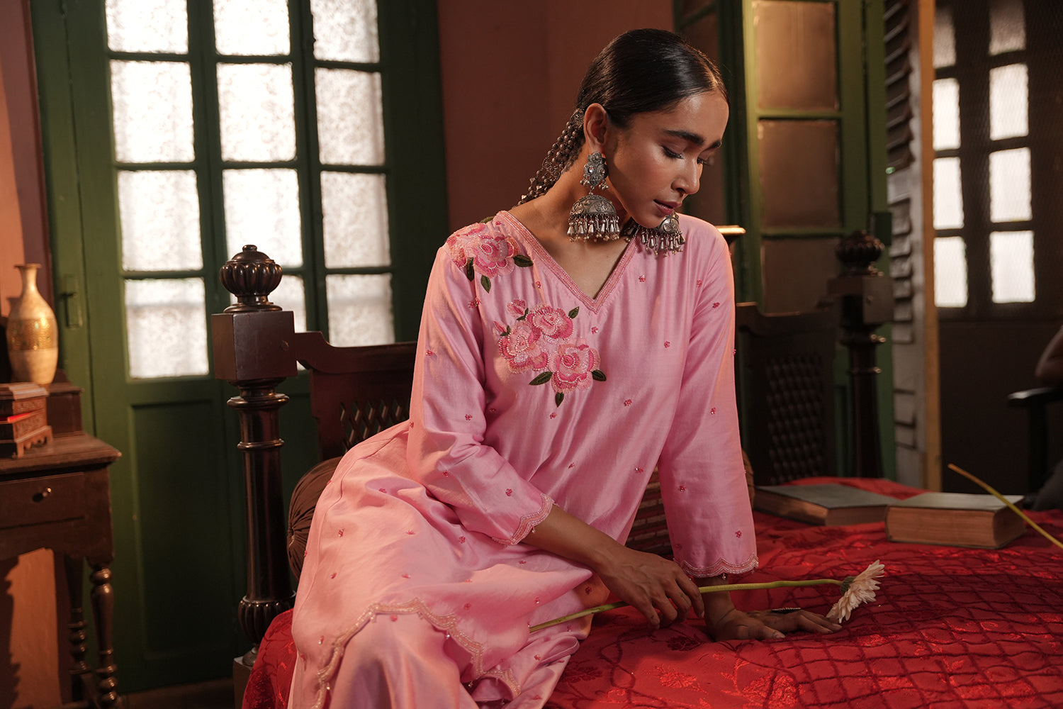 Sana Assymmetrical Flamingo Chanderi Kurta Set